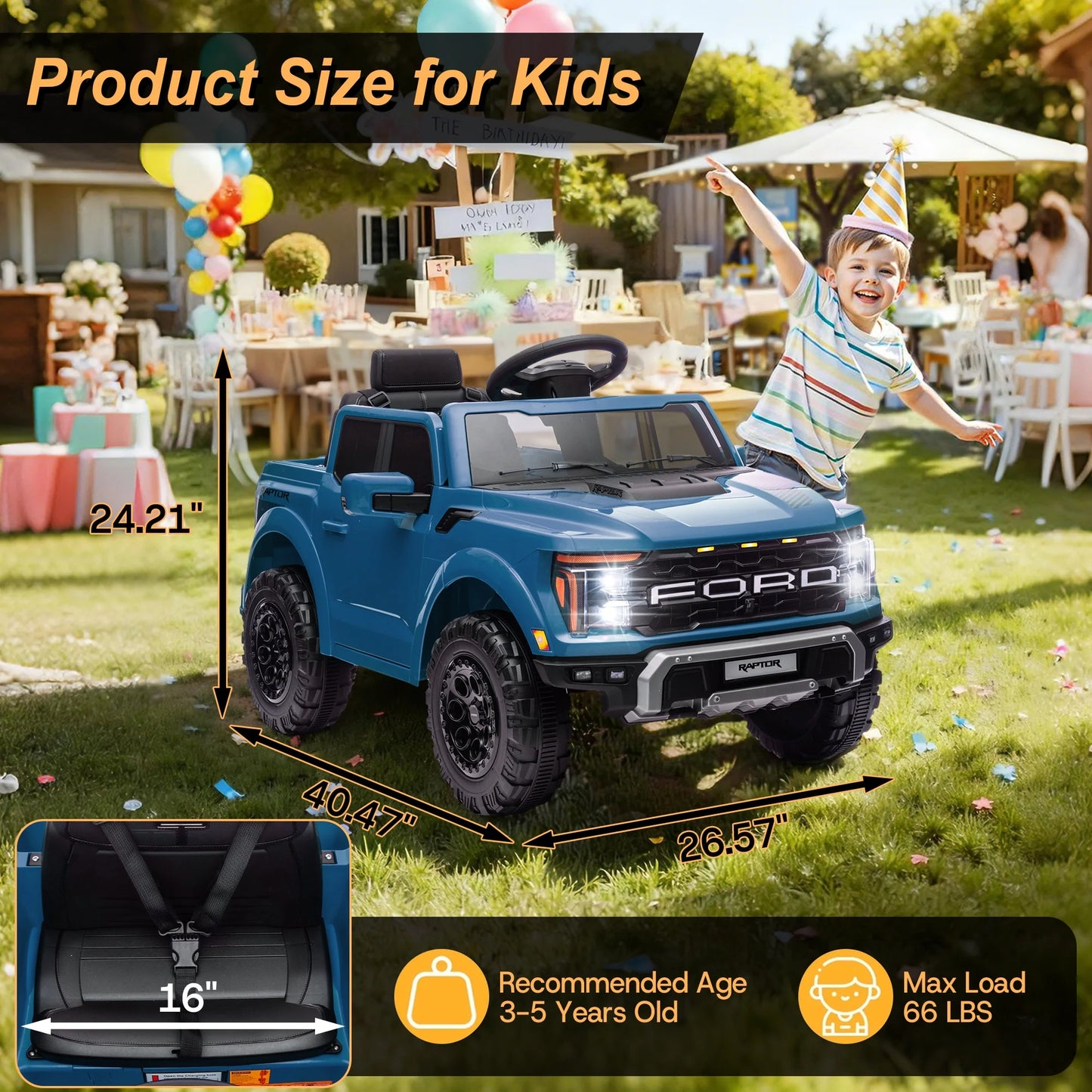 Ford Ride on Cars, 12V Ford F150 Raptor Powered Ride on Toys with Remote Control, Electric Car for Kids with Bluetooth/Fm/Trunk, 4 Wheelers Truck for Toddlers Boys Girls Ages 3-6, Blue