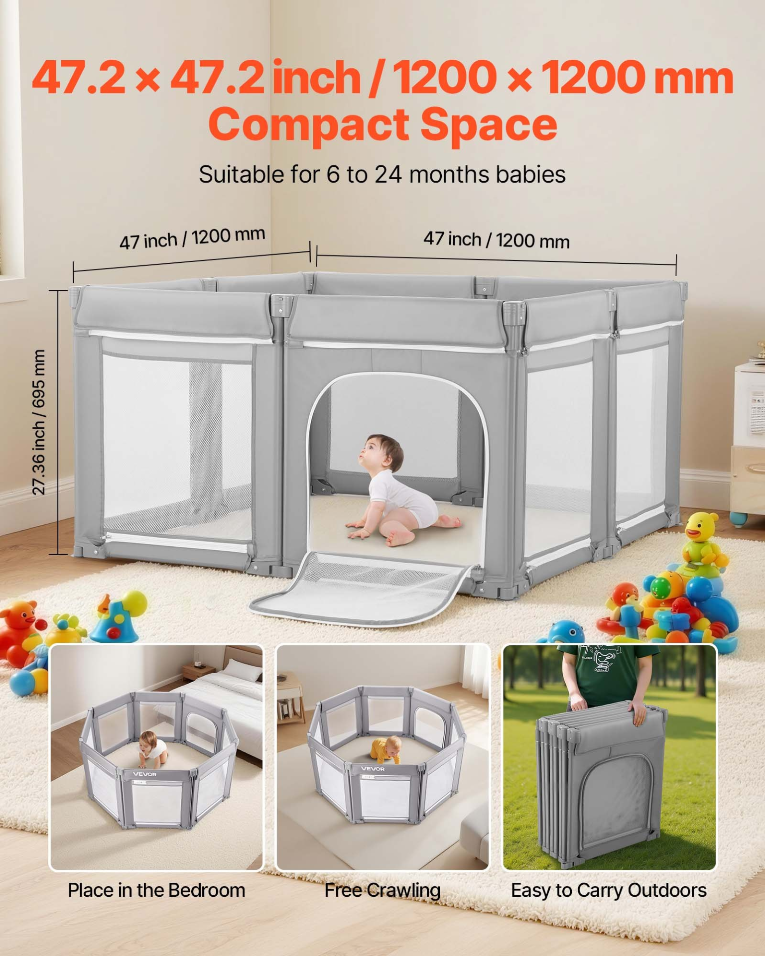 Baby Playpen Foldable Activity Center – 47.2" Indoor & Outdoor Safety Play Yard