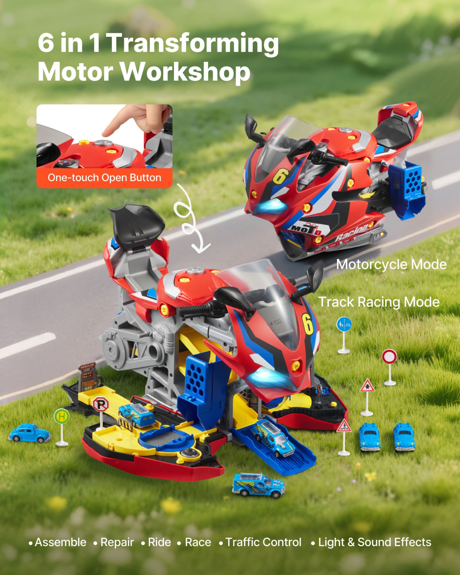 VEVOR Motorcycle Engine Toy, 25 Pieces, Motorcycle Mechanic Toy with Removable Parts, Lights & Sounds, Simulated Riding & Track Racing, Kids Mechanic Workshop Set for Toddler 3 Years and Up, Red