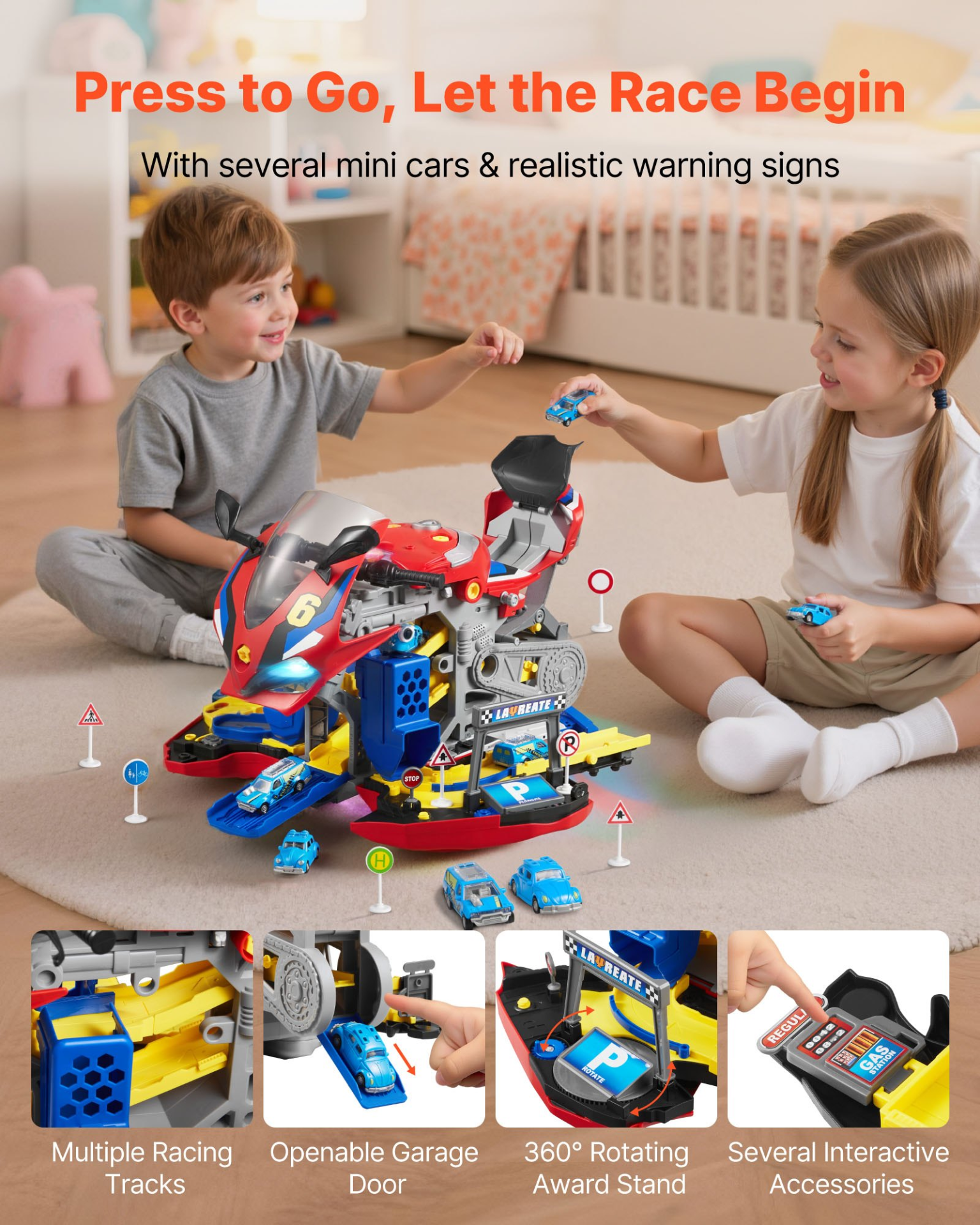 VEVOR Motorcycle Engine Toy, 25 Pieces, Motorcycle Mechanic Toy with Removable Parts, Lights & Sounds, Simulated Riding & Track Racing, Kids Mechanic Workshop Set for Toddler 3 Years and Up, Red