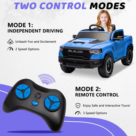 RAM 1500 Ride on Car Toy for Kids, 12V Powered Ride on Truck Toy with Remote Control, 4 Wheel Suspension, Safety Belt, Music, Bluetooth, LED Lights, Electric Cars for 3-5 Yrs Boy Girl, Blue