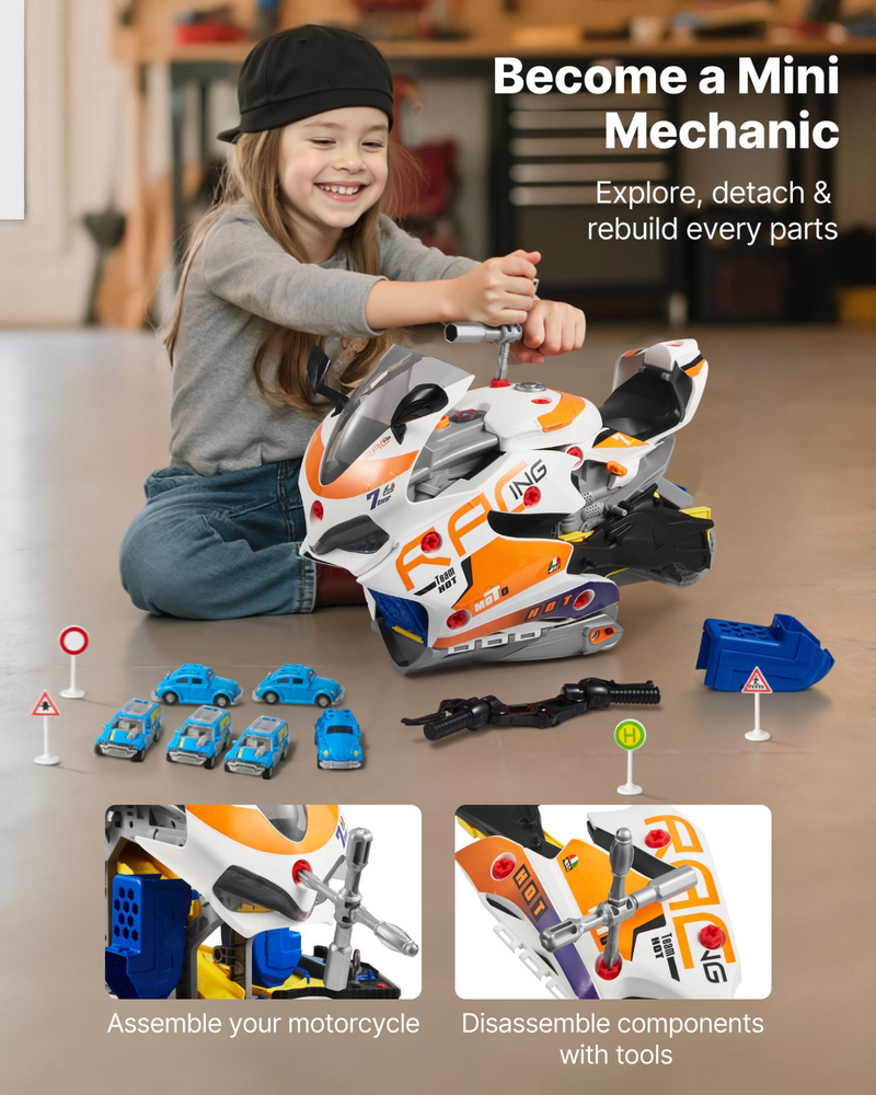 MotoMaster™ Deluxe 25-Piece Kids Motorcycle Mechanic Workshop – Interactive Engine Repair Playset with Lights, Sounds, Racing Track & Tool Set for Ages 3+
