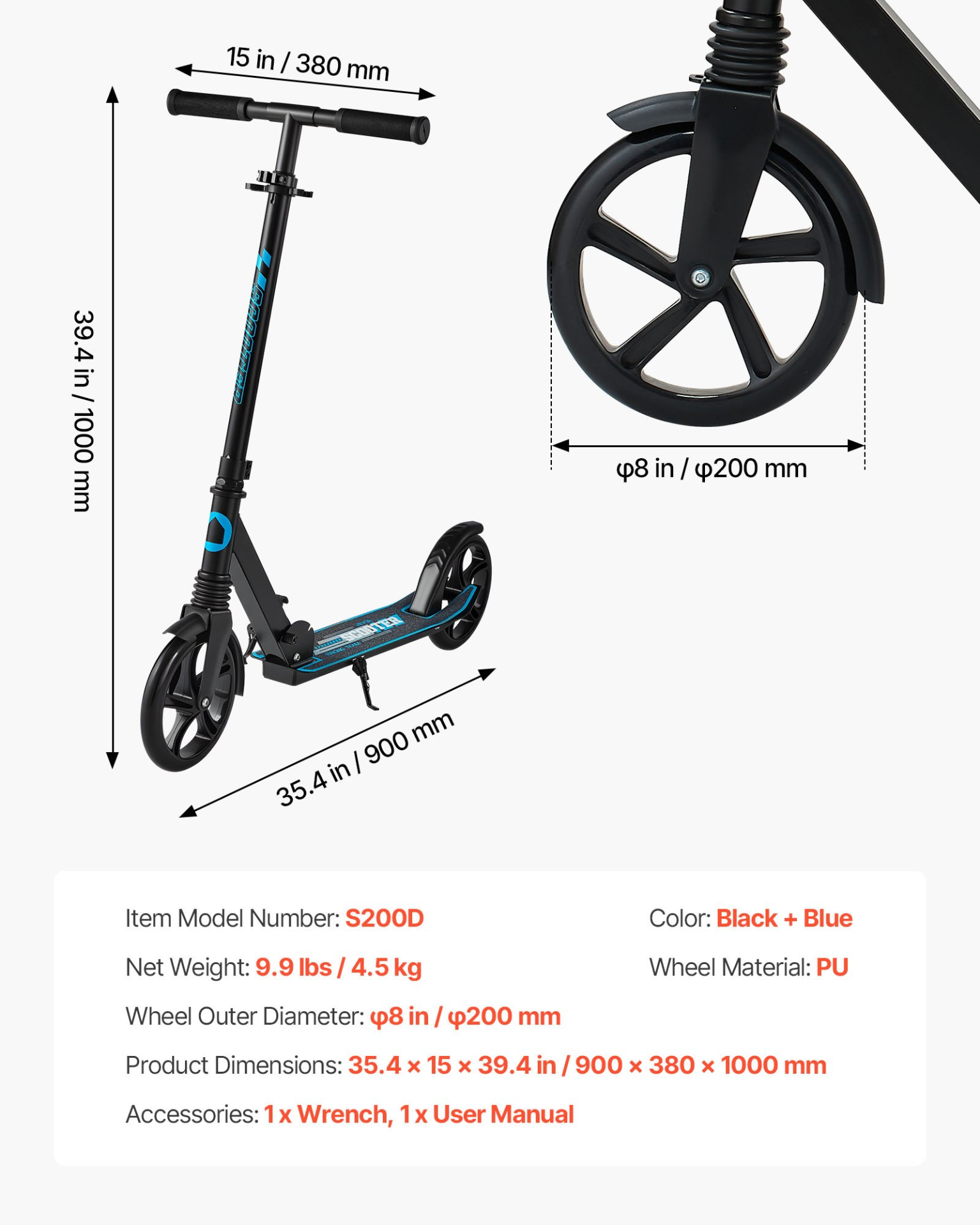 Kick Scooter for Kids, Teens & Adults – Adjustable Foldable 2-Wheel Scooter (Black + Blue)