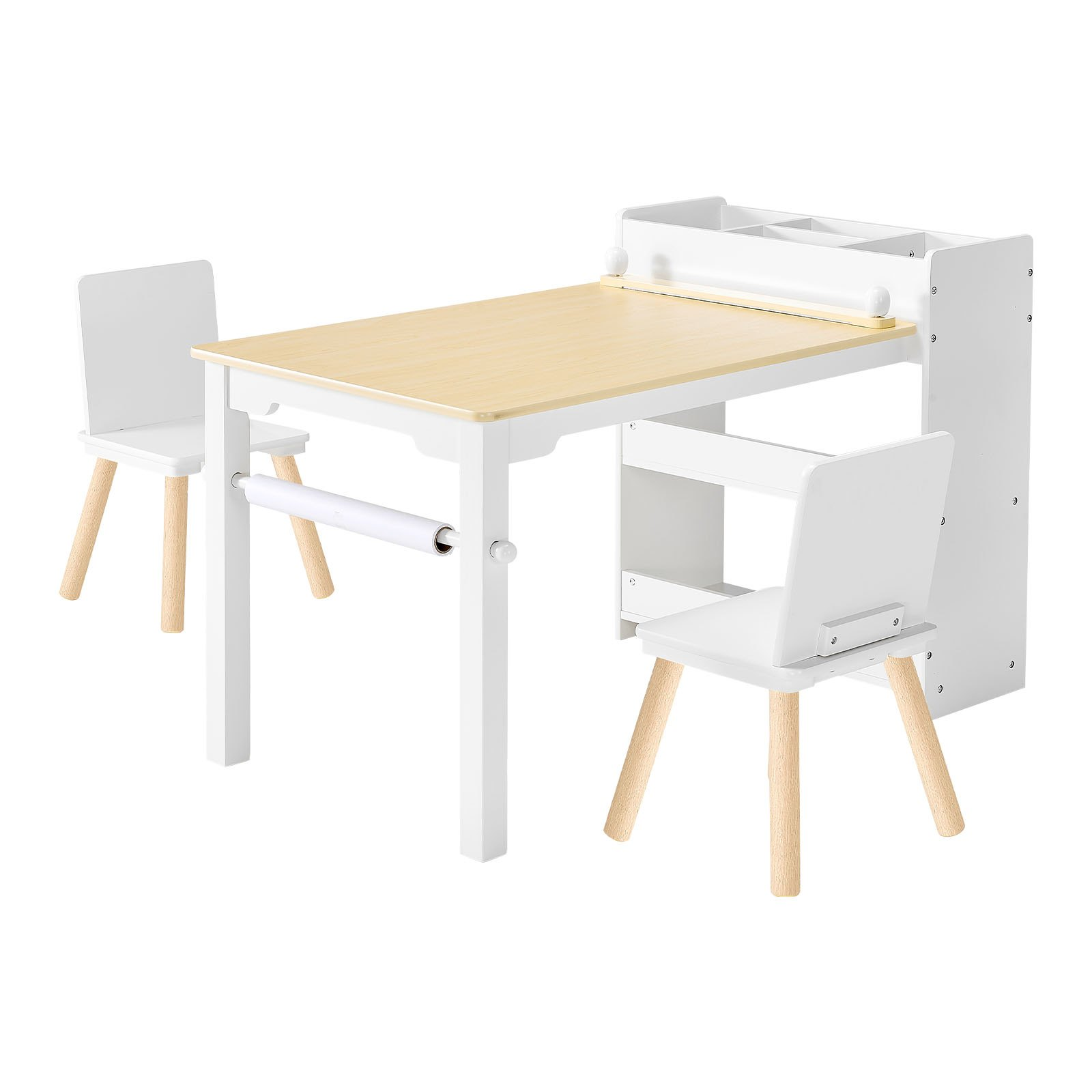 Kids Art Table and Chair Set with Storage Cabinet – Wooden Activity Desk for Learning & Creativity (White)