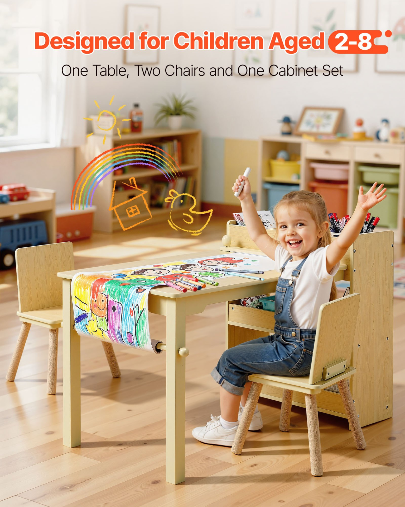 Kids Art Table and Chair Set with Storage Cabinet – Wooden Activity Desk for Learning & Drawing