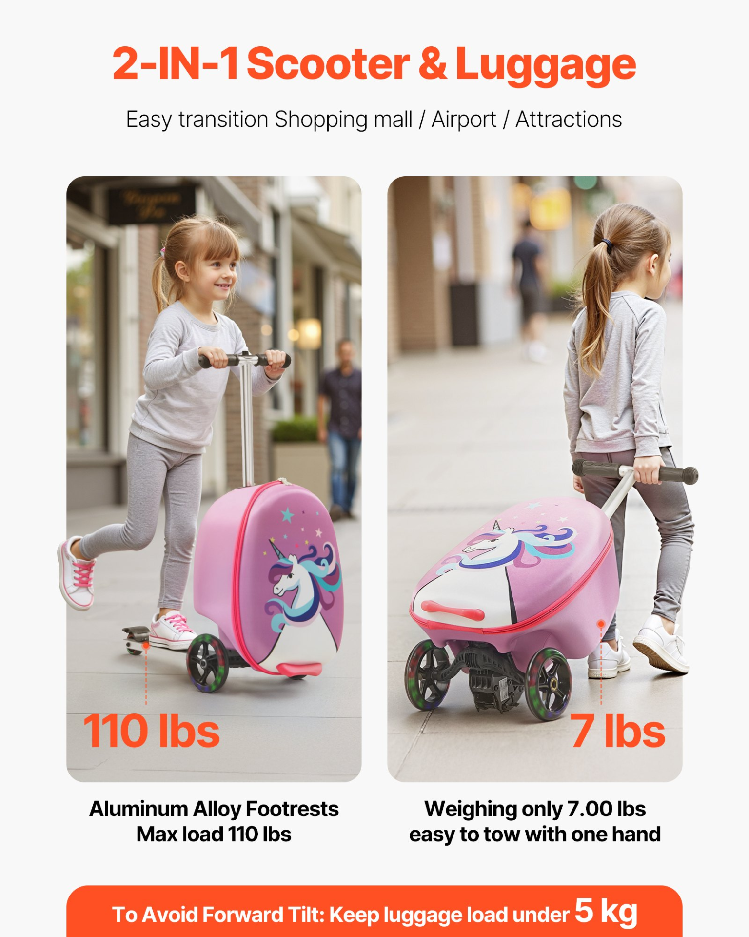 VEVOR Ride-on Luggage, 20 L Capacity, 20 Inches Kids Scooter Suitcase with Flash PU Wheels, Adjustable Handle & TPR Non-Slip Grip, Foldable & Lightweight Scooter Luggage for Kids Aged 5+, Purple