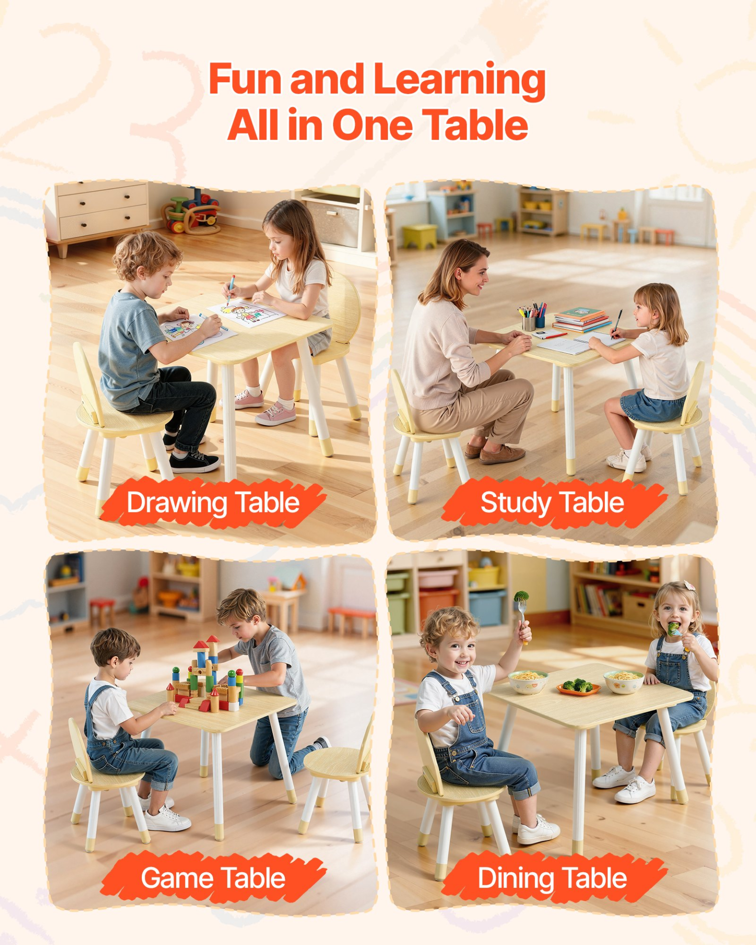 Kids Table and 2 Chairs Set – Wooden Activity Desk for Learning, Drawing & Play