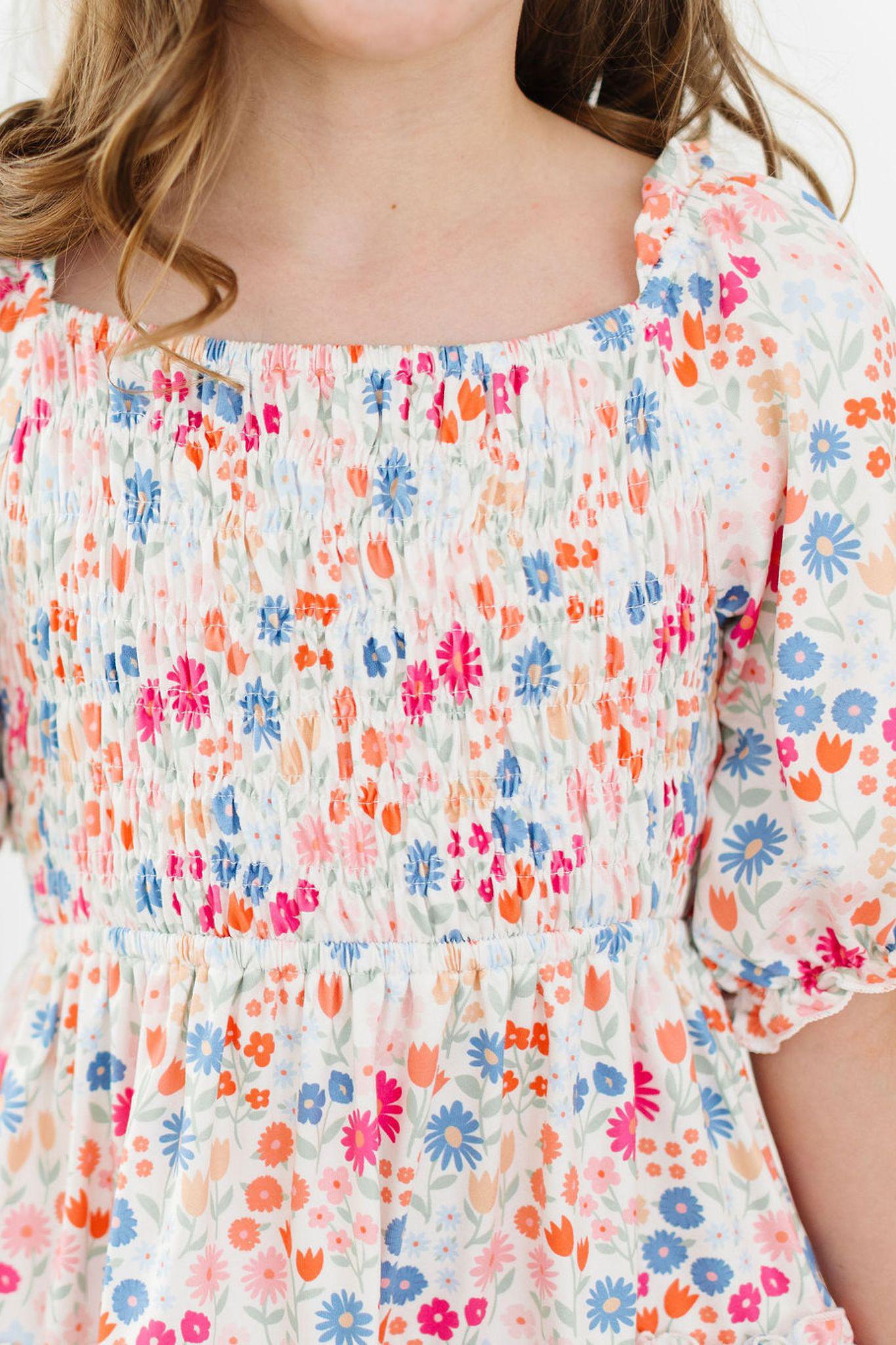 🌿 MeadowMagic Smocked Ruffle Dress ✨ – Whimsical Floral Charm for Little Girls
