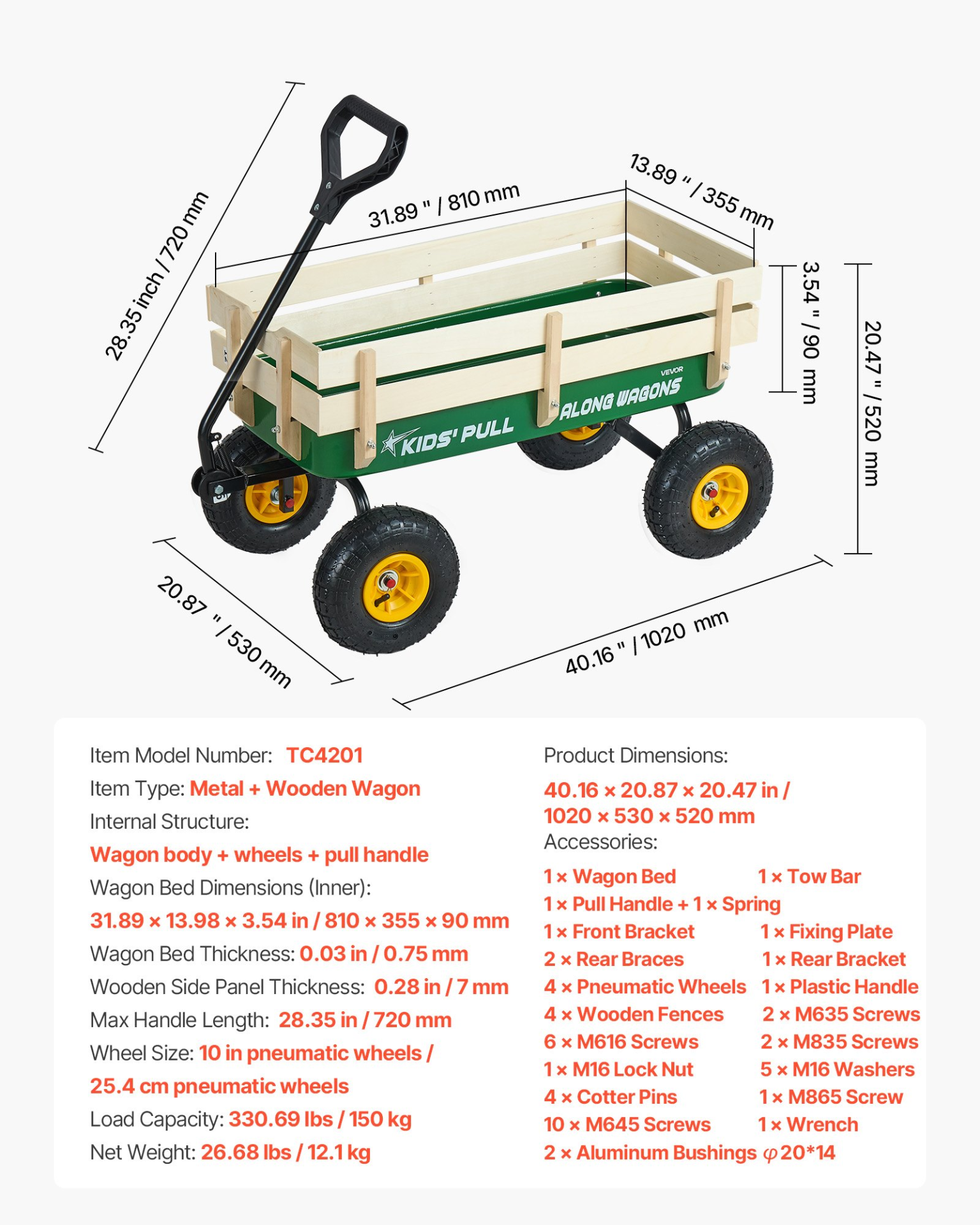 VEVOR Pull-Along Wagon for Kids, 39 inch Toddler Wagons with Wooden Panels & Handle, Supports up to 330 lbs, All-Terrain Utility Wagon Cart Birthday Present for Kids Gardening Beach, Green
