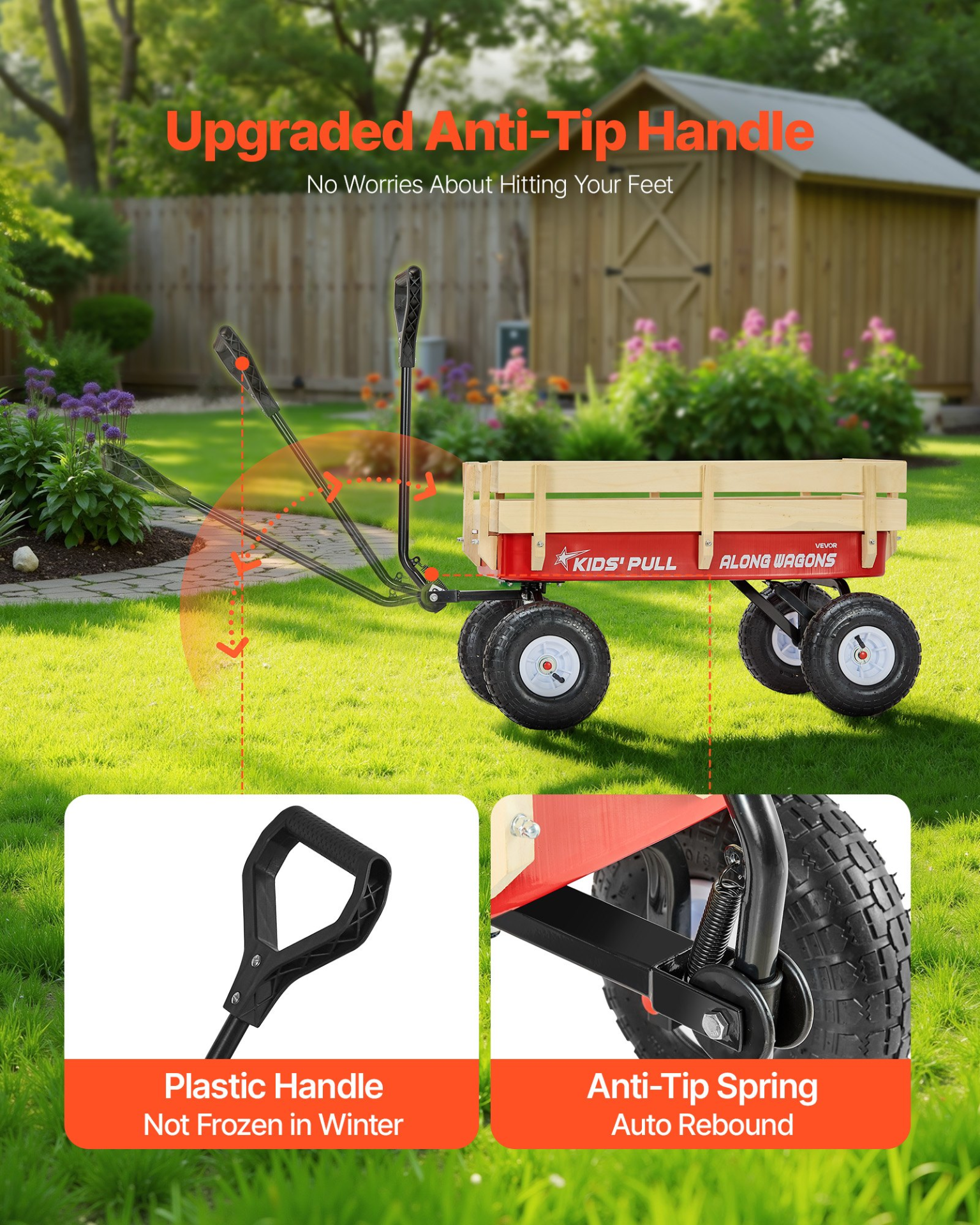 39" Kids Pull-Along Wagon – All-Terrain Wooden Panel Wagon Cart with Handle, Supports up to 330 lbs
