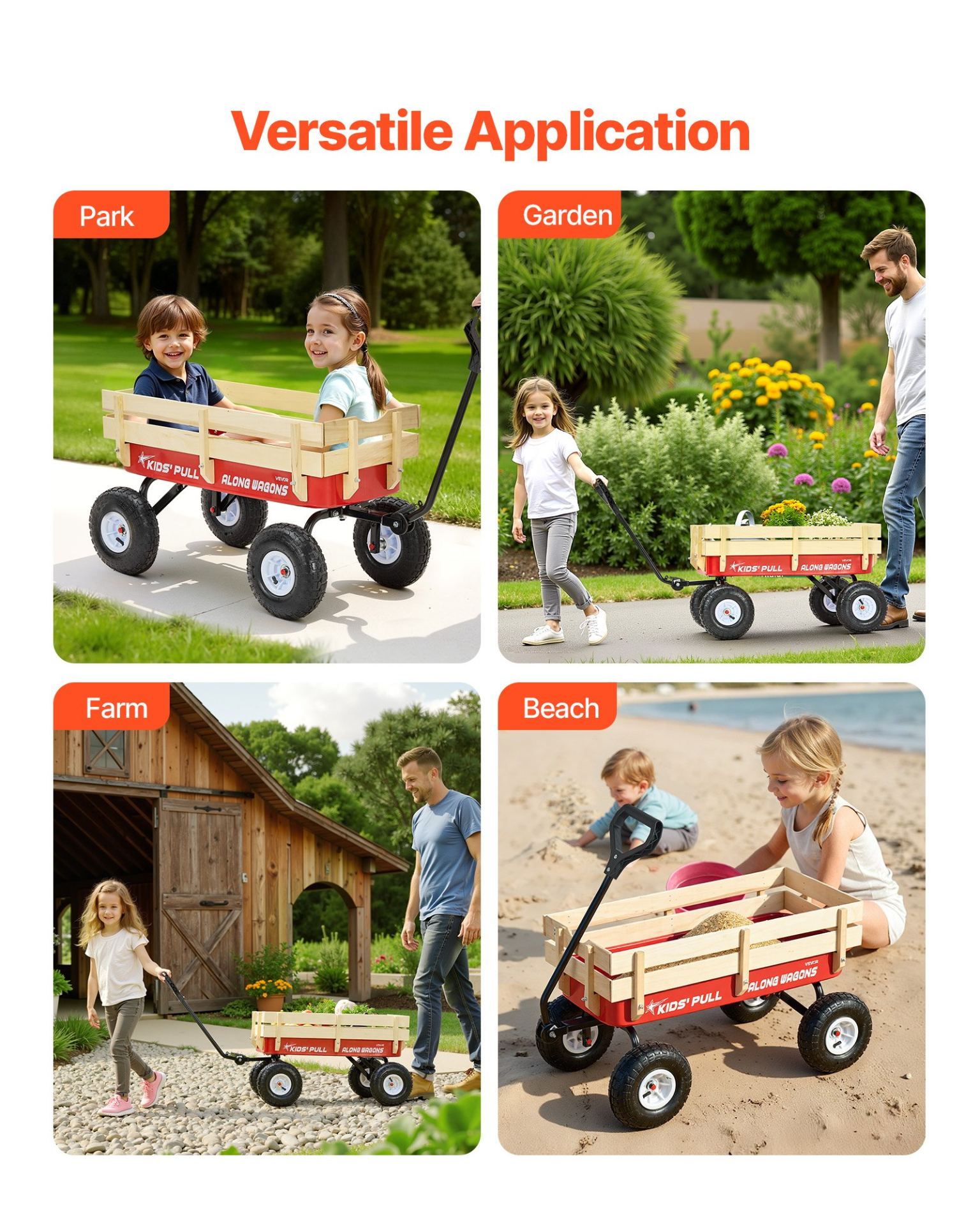 39" Kids Pull-Along Wagon – All-Terrain Wooden Panel Wagon Cart with Handle, Supports up to 330 lbs
