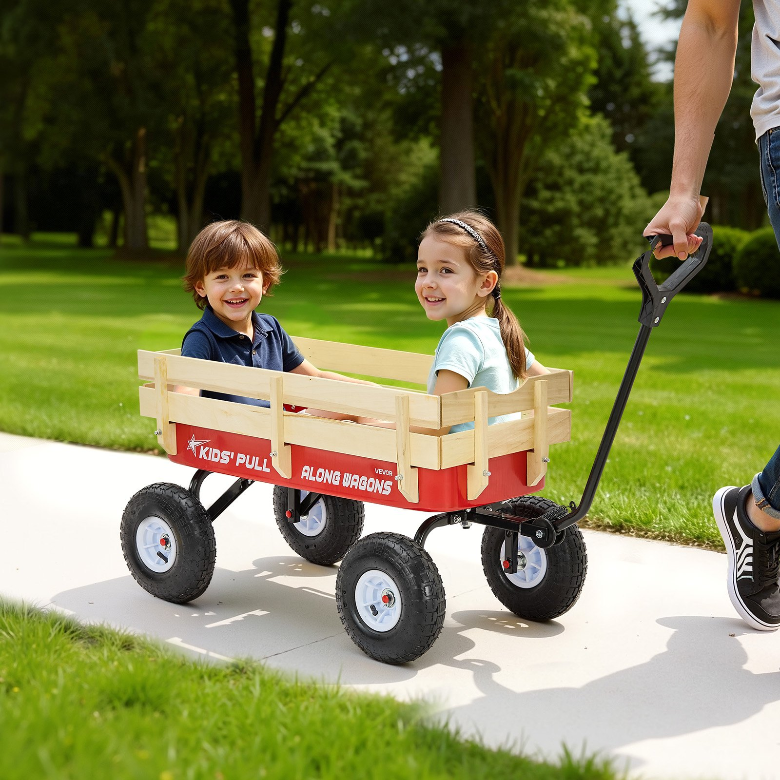 39" Kids Pull-Along Wagon – All-Terrain Wooden Panel Wagon Cart with Handle, Supports up to 330 lbs