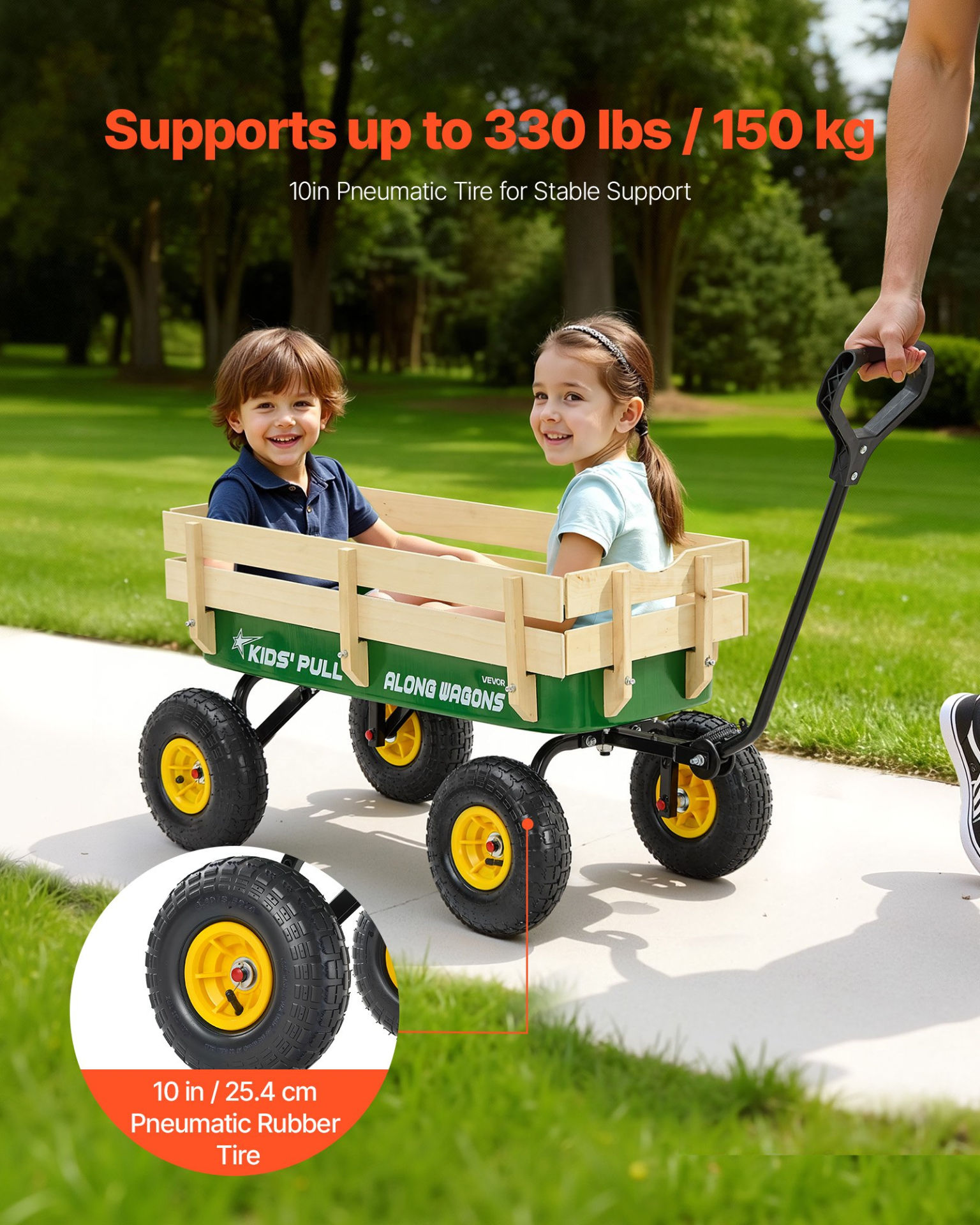 VEVOR Pull-Along Wagon for Kids, 39 inch Toddler Wagons with Wooden Panels & Handle, Supports up to 330 lbs, All-Terrain Utility Wagon Cart Birthday Present for Kids Gardening Beach, Green