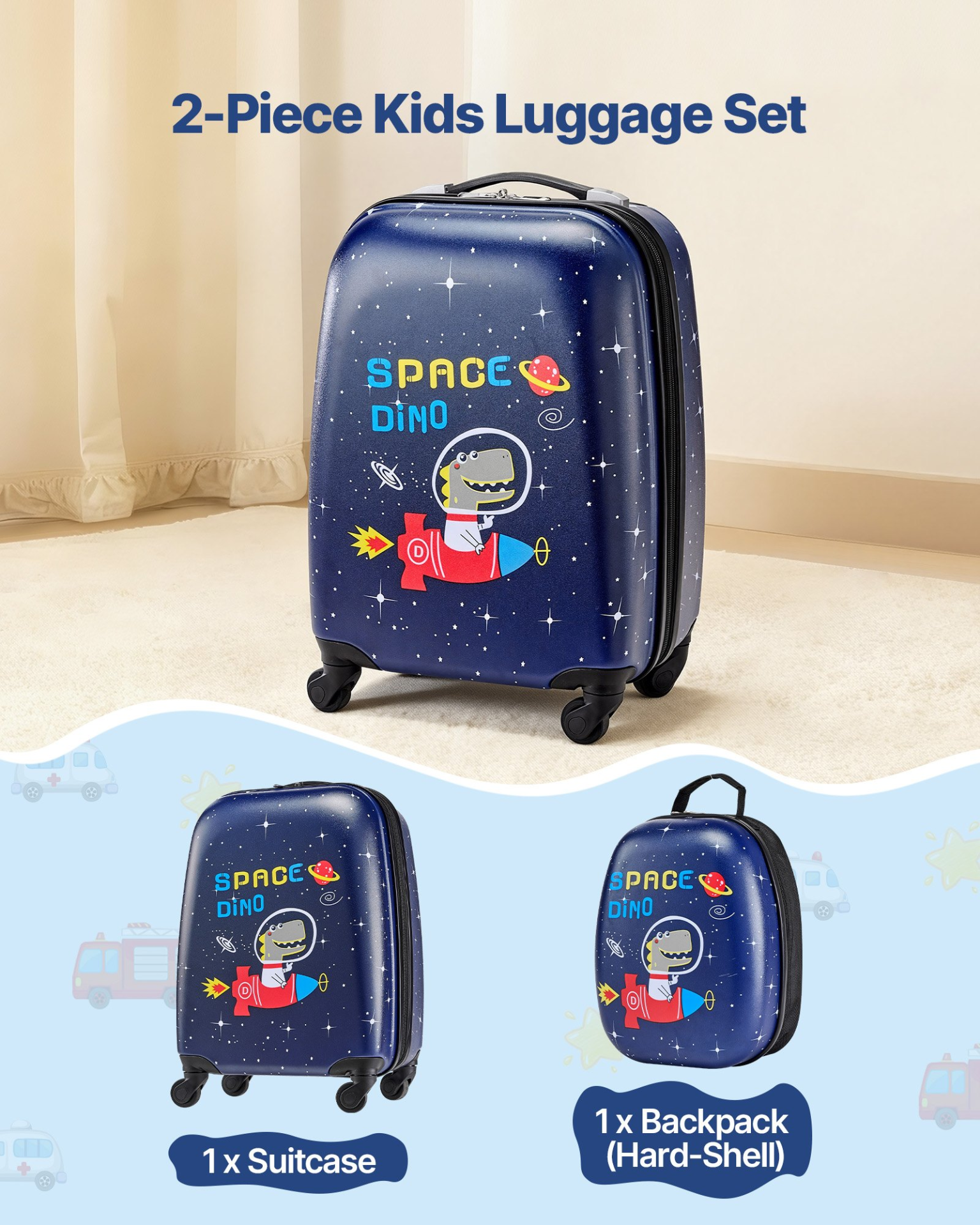 Kids 2-Piece Rolling Luggage Set – 18 Inch Dinosaur Hard Shell Suitcase with Backpack