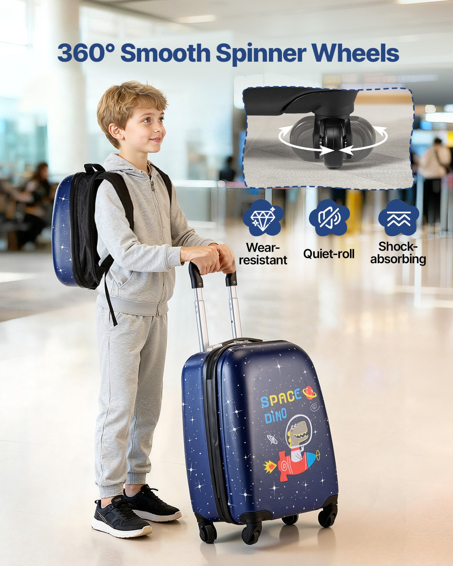 Kids 2-Piece Rolling Luggage Set – 18 Inch Dinosaur Hard Shell Suitcase with Backpack