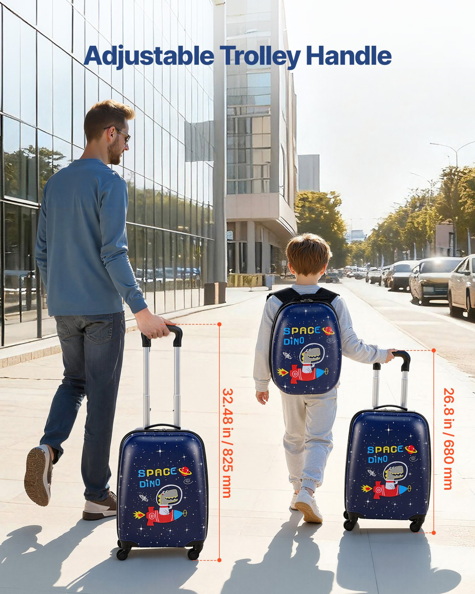 Kids 2-Piece Rolling Luggage Set – 18 Inch Dinosaur Hard Shell Suitcase with Backpack
