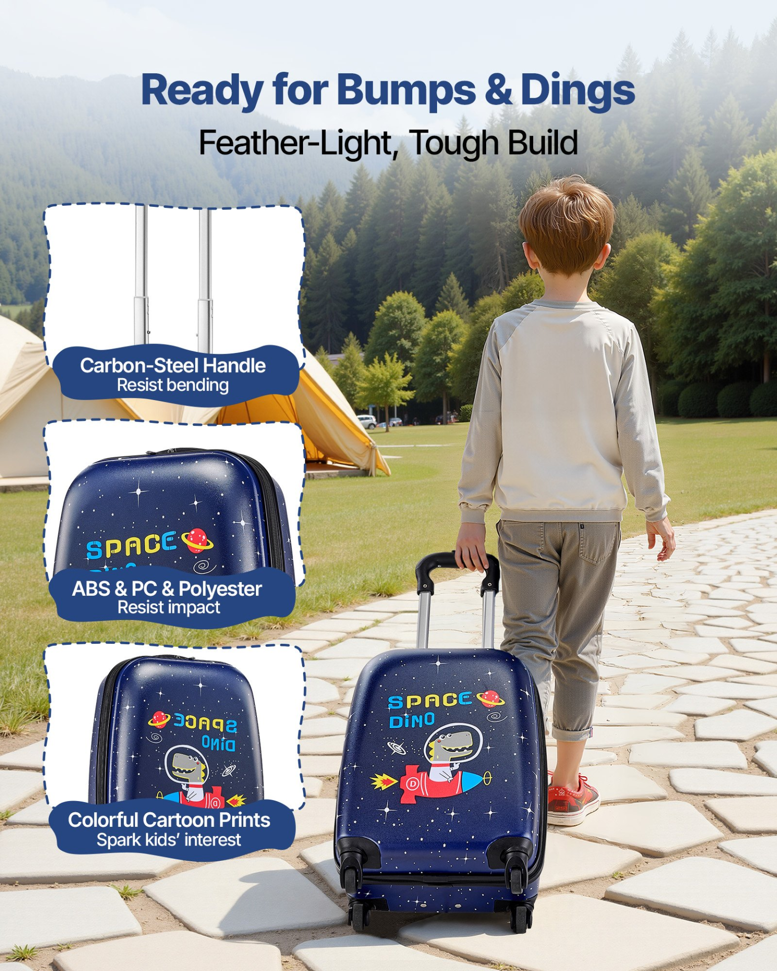 Kids 2-Piece Rolling Luggage Set – 18 Inch Dinosaur Hard Shell Suitcase with Backpack