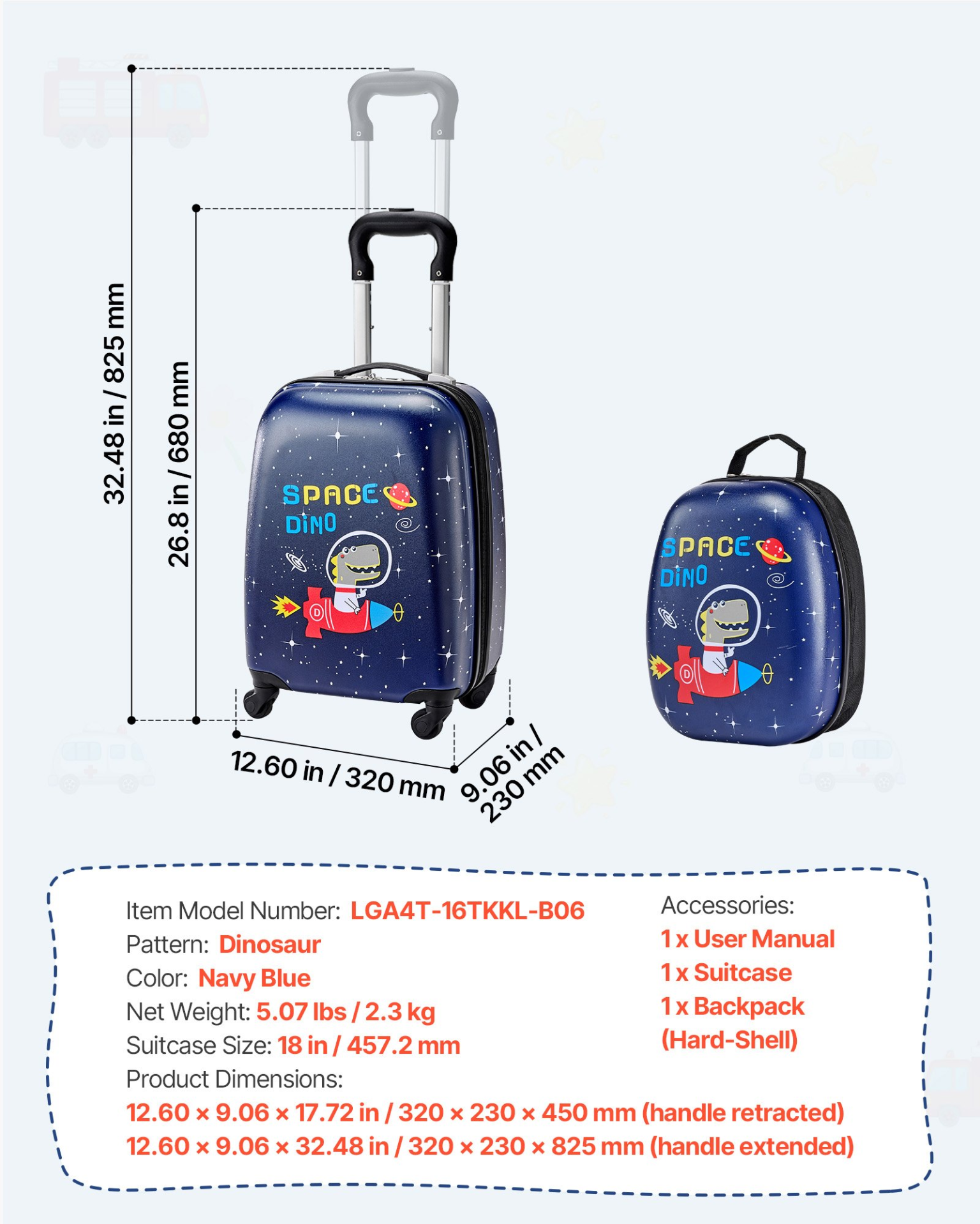 Kids 2-Piece Rolling Luggage Set – 18 Inch Dinosaur Hard Shell Suitcase with Backpack