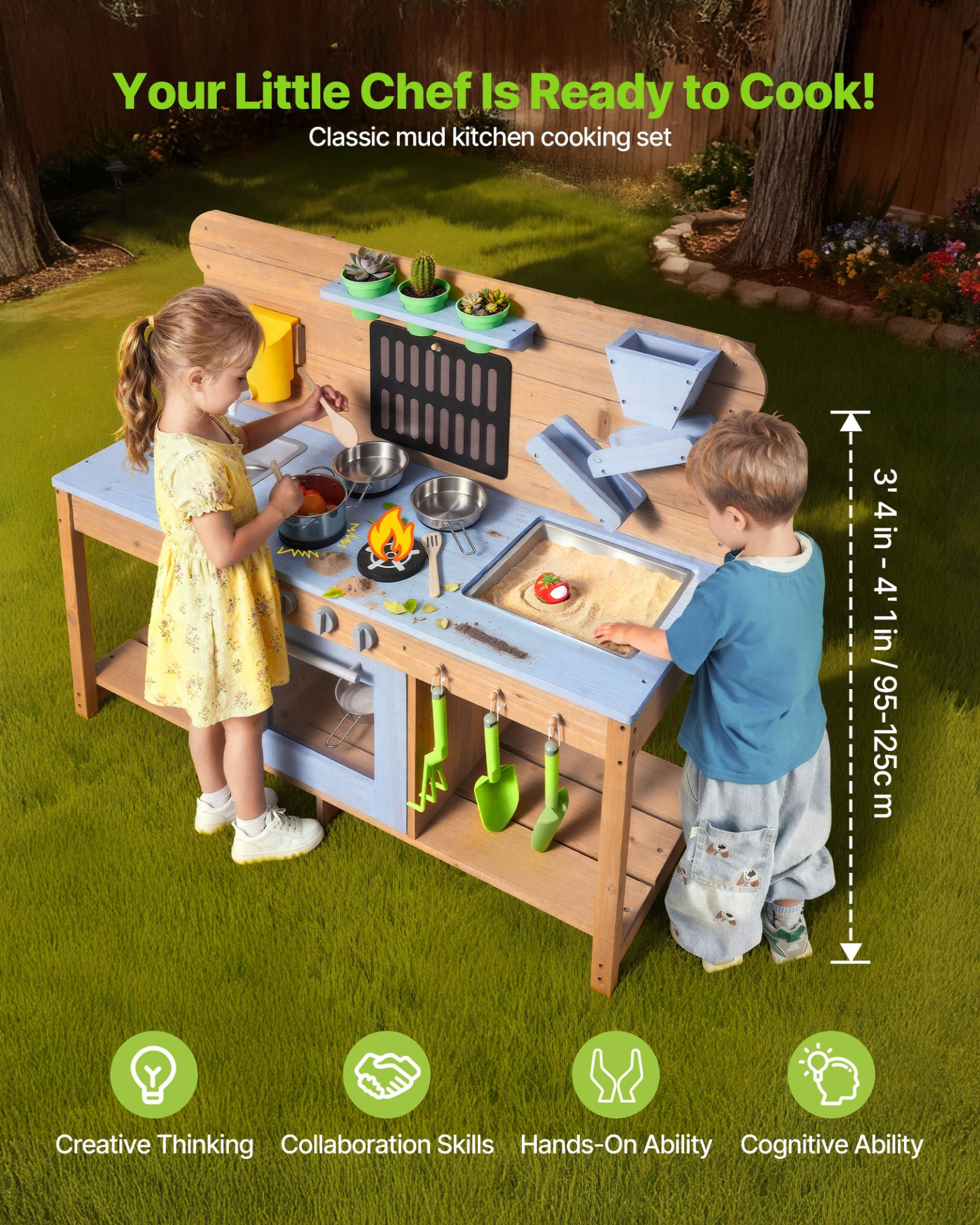 Kids Outdoor Mud Kitchen Playset – Wooden Water & Sand Cooking Station