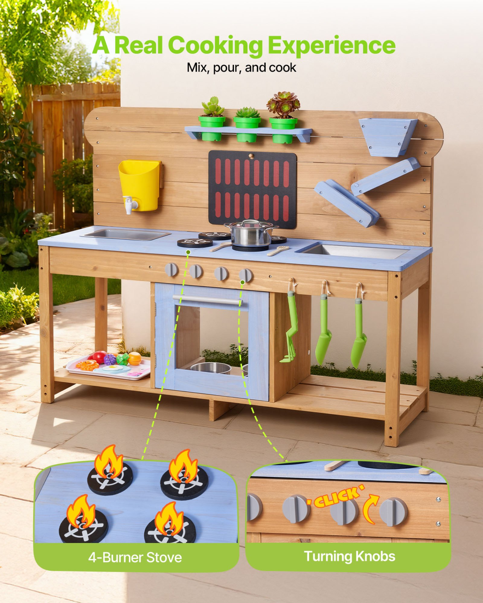 Kids Outdoor Mud Kitchen Playset – Wooden Water & Sand Cooking Station