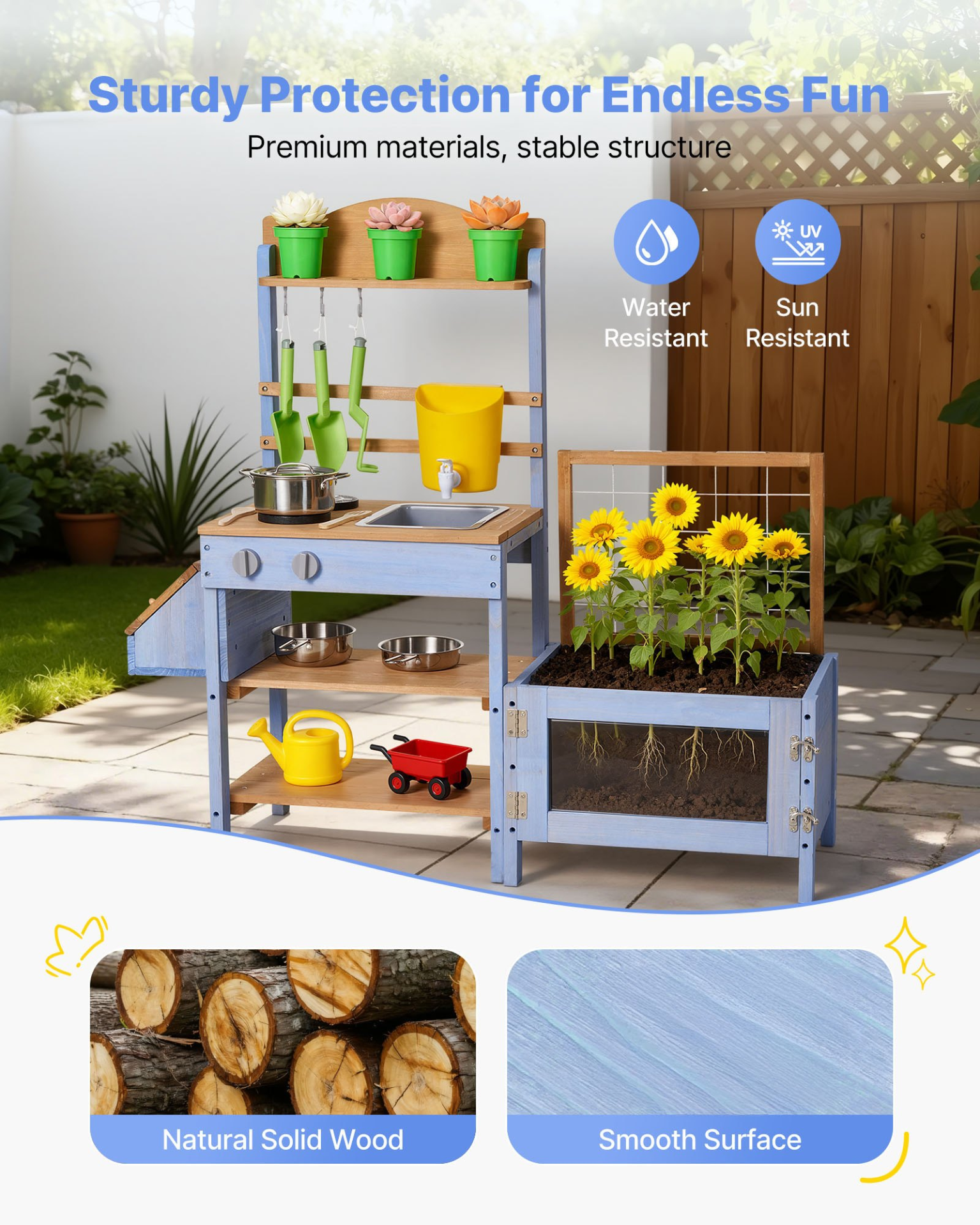 VEVOR Mud Kitchen, Outdoor Mud Kitchen for Kids, Wood Outdoor Play Kitchens with Planting Box, Critter Catcher Container, Tank, Sink, Cookware Pots and Accessories, Wooden Play Kitchens for Lawn, Yard