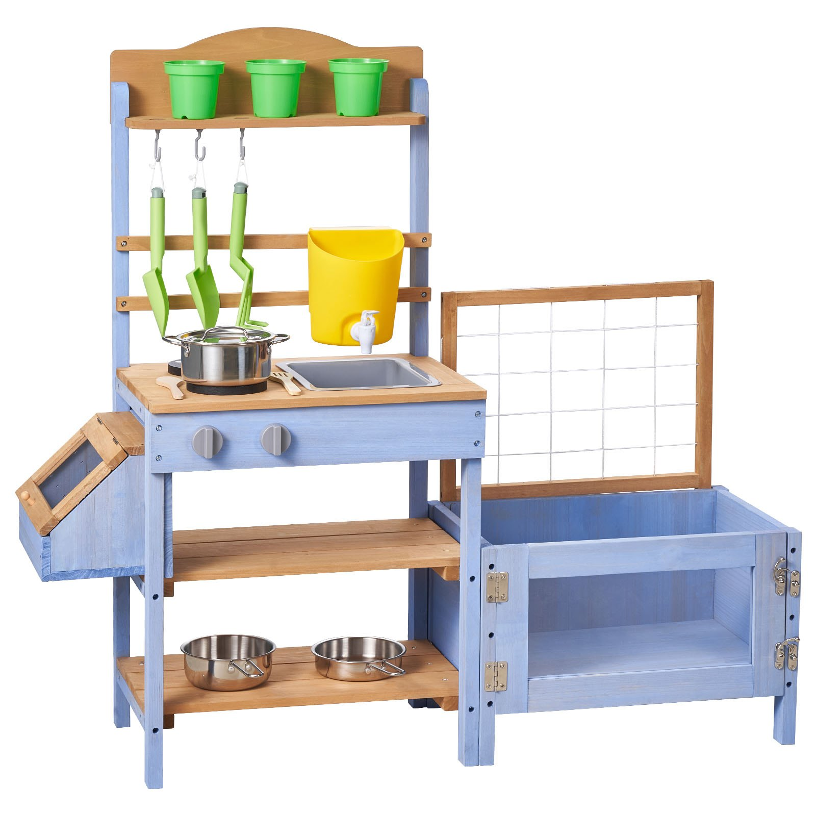 VEVOR Mud Kitchen, Outdoor Mud Kitchen for Kids, Wood Outdoor Play Kitchens with Planting Box, Critter Catcher Container, Tank, Sink, Cookware Pots and Accessories, Wooden Play Kitchens for Lawn, Yard