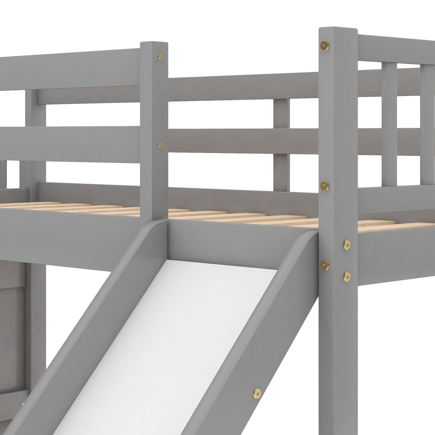 Twin over Twin Bunk Bed with Convertible Slide and Stairway, Gray - The Little Big Store