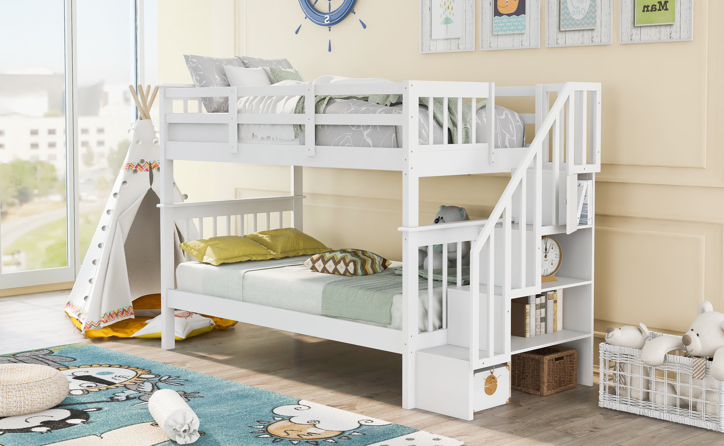 Stairway Twin-Over-Twin Bunk Bed with Storage and Guard Rail for Bedroom, Dorm, White color
