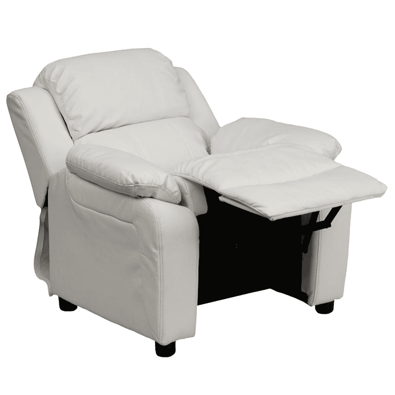Deluxe Padded Contemporary White Vinyl Kids Recliner with Storage Arms - The Little Big Store