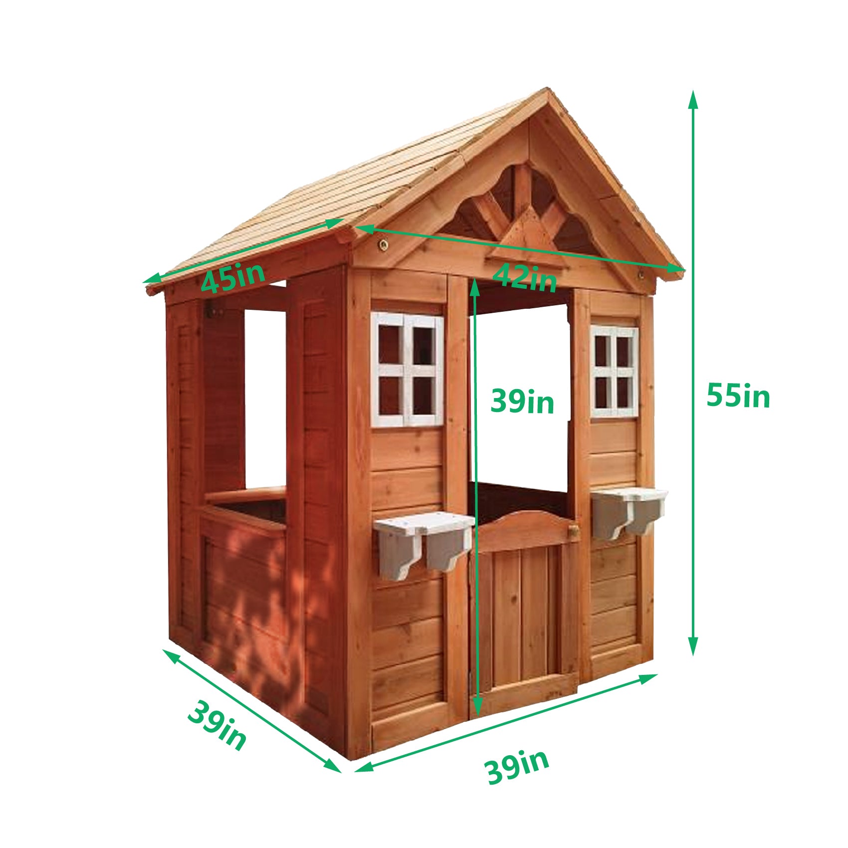 Wooden Kids Playhouse with 2 windows and flowerpot holder,42'Lx46'Wx55'H,Golden Red