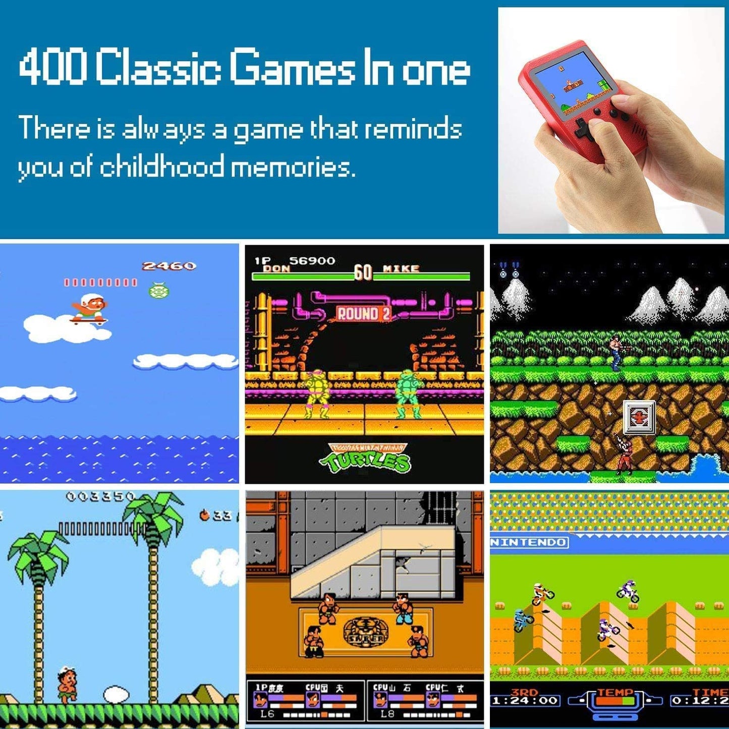 Collection of classic video games on a handheld device with text about nostalgic memories.
