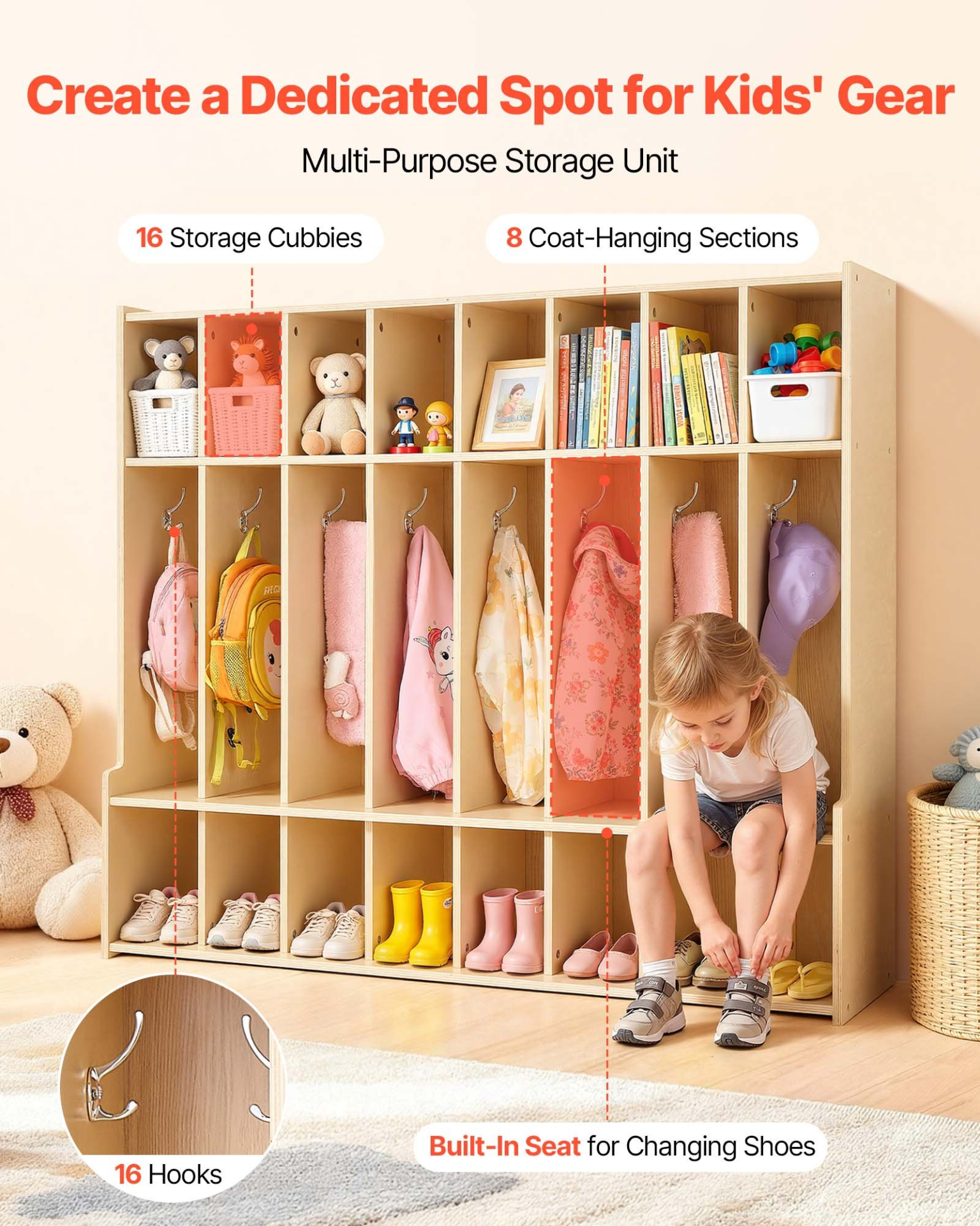 Kids 8-Section Coat Locker with Cubbies – Wooden Storage Organizer (Natural)