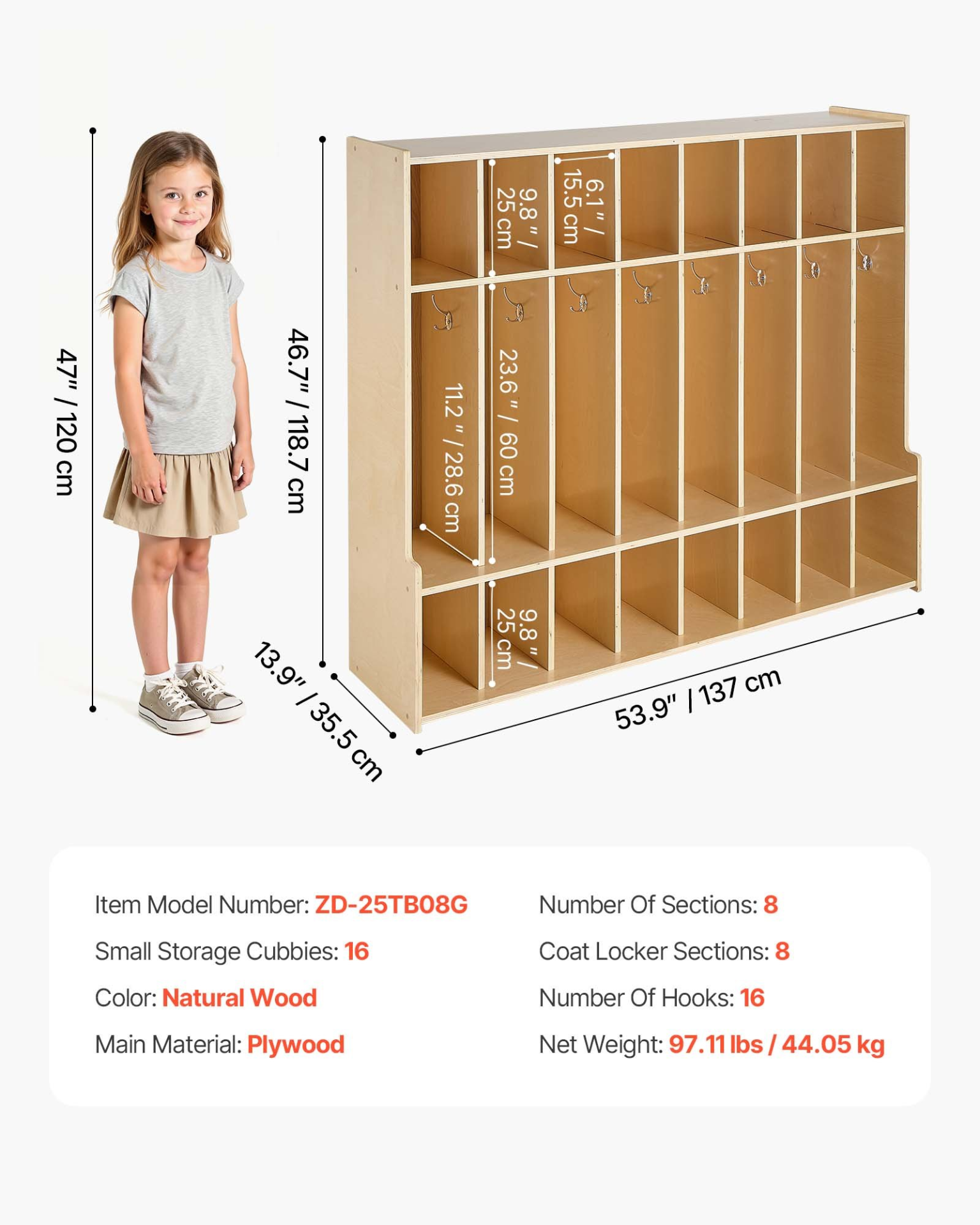 Kids 8-Section Coat Locker with Cubbies – Wooden Storage Organizer (Natural)
