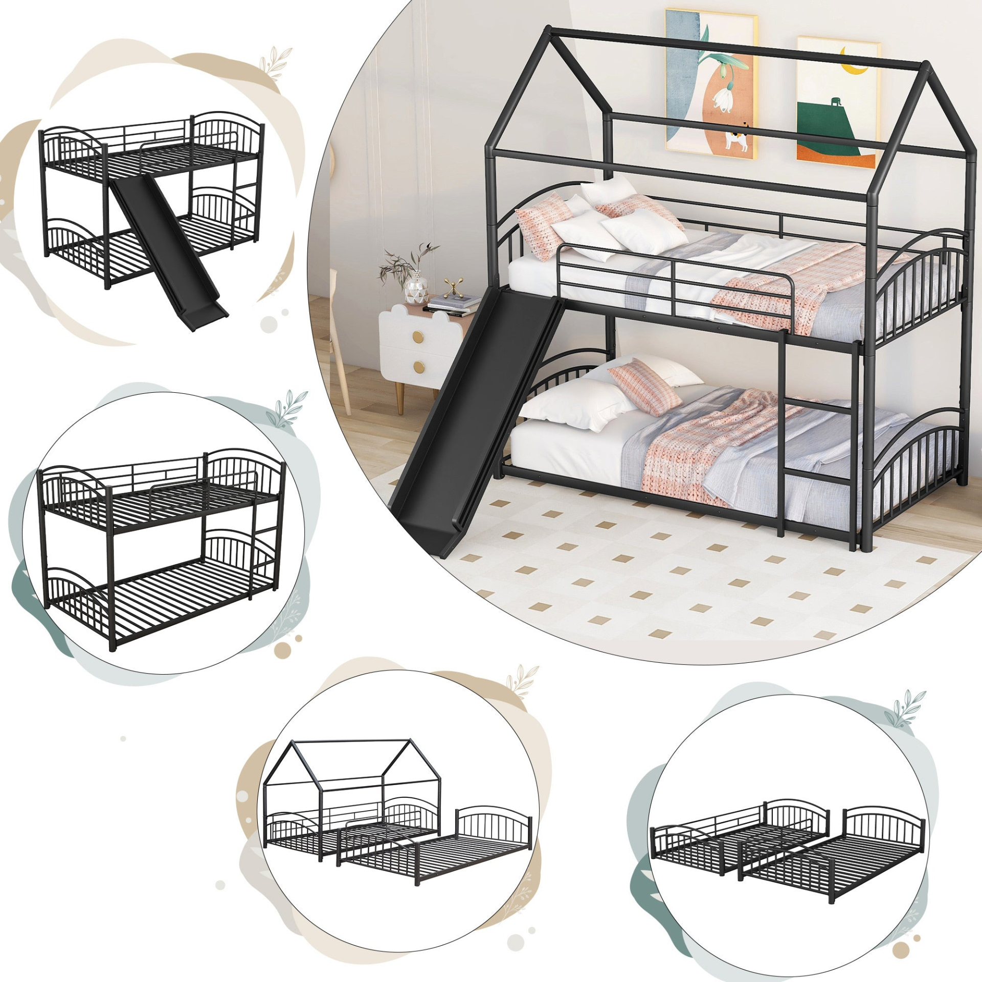 Twin Over Twin Metal Bunk Bed Kids House Bed with Slide