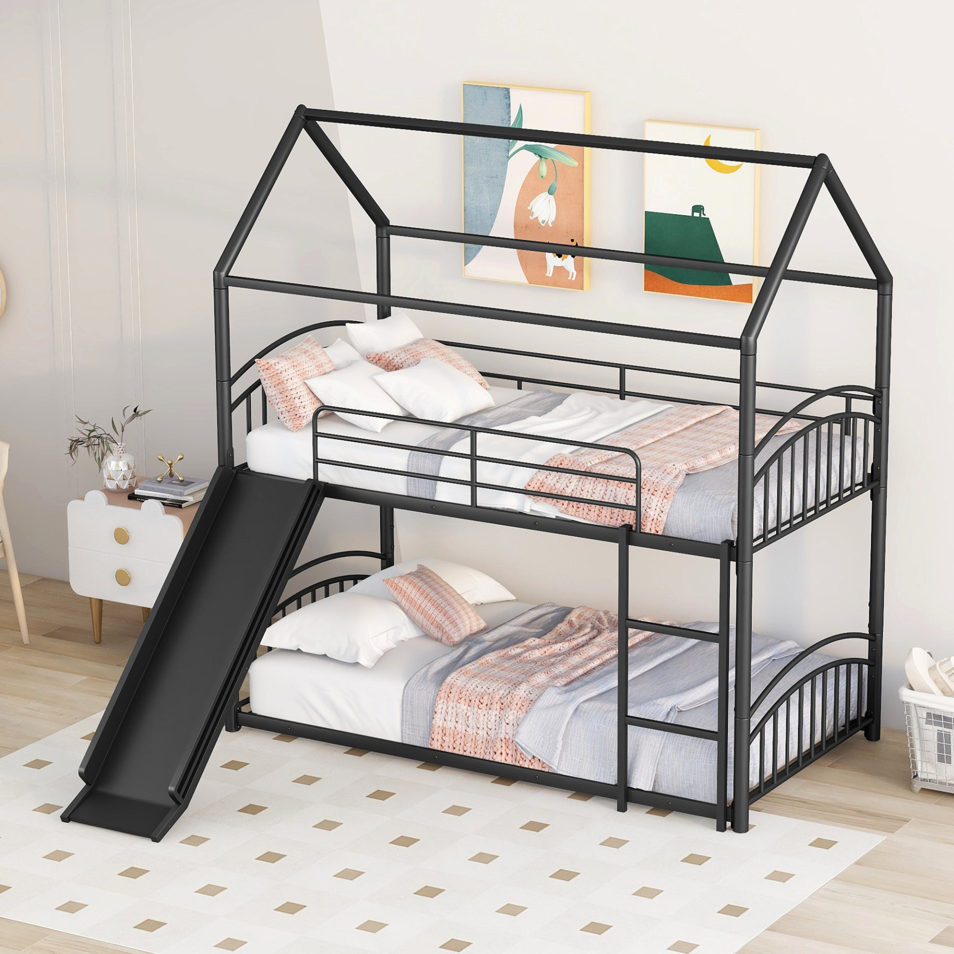 Twin Over Twin Metal Bunk Bed Kids House Bed with Slide