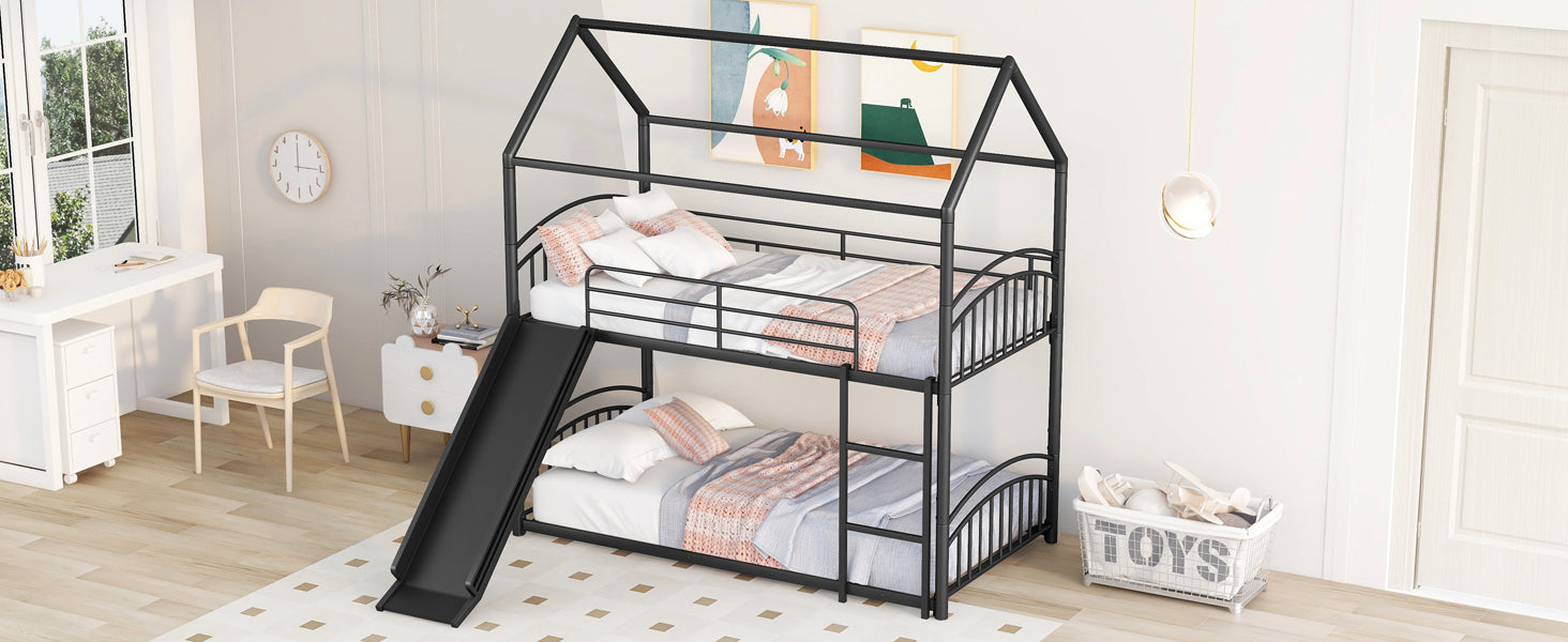 Twin Over Twin Metal Bunk Bed Kids House Bed with Slide