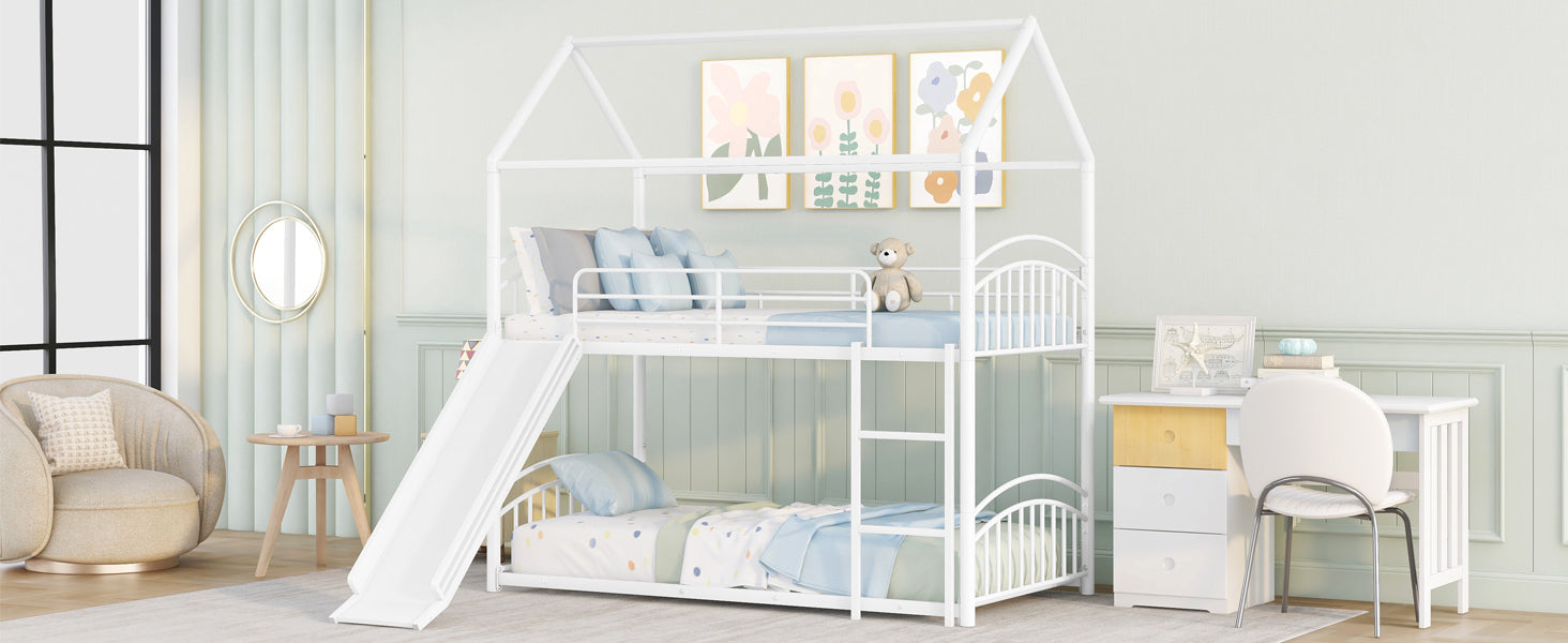 Twin Over Twin Metal Bunk Bed Kids House Bed with Slide