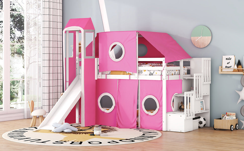 Twin Size Loft Bed with Tent and Tower