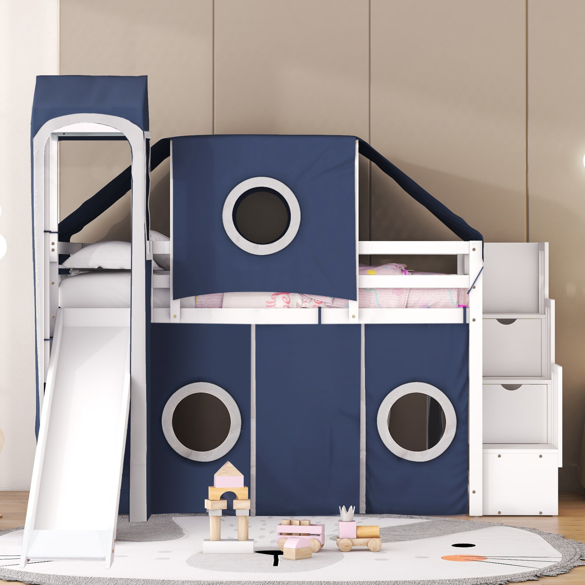 Twin Size Loft Bed with Tent and Tower