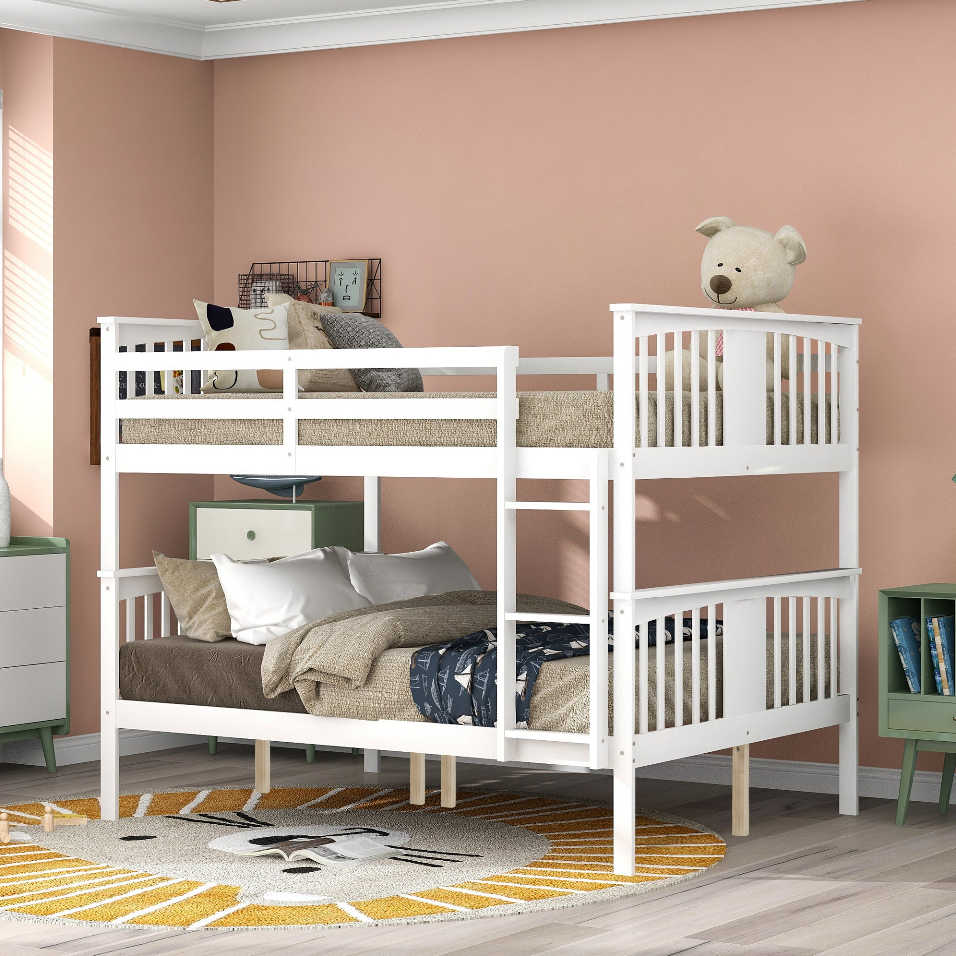 Full over Full Bunk Bed with Ladder for Bedroom, Guest Room Furniture