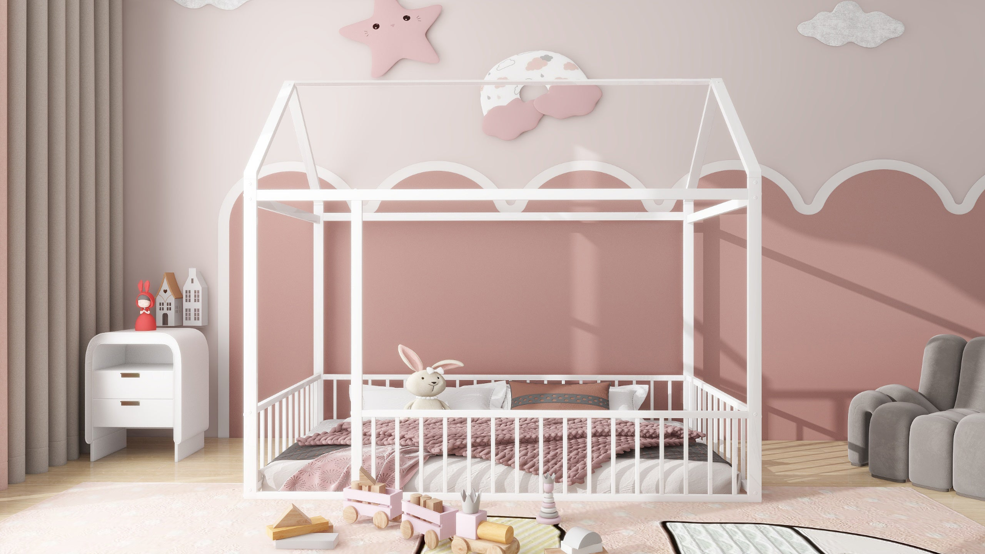 Metal House Bed Frame with Fence, Sturdy Design for Kids, Teens, Girls, Boys