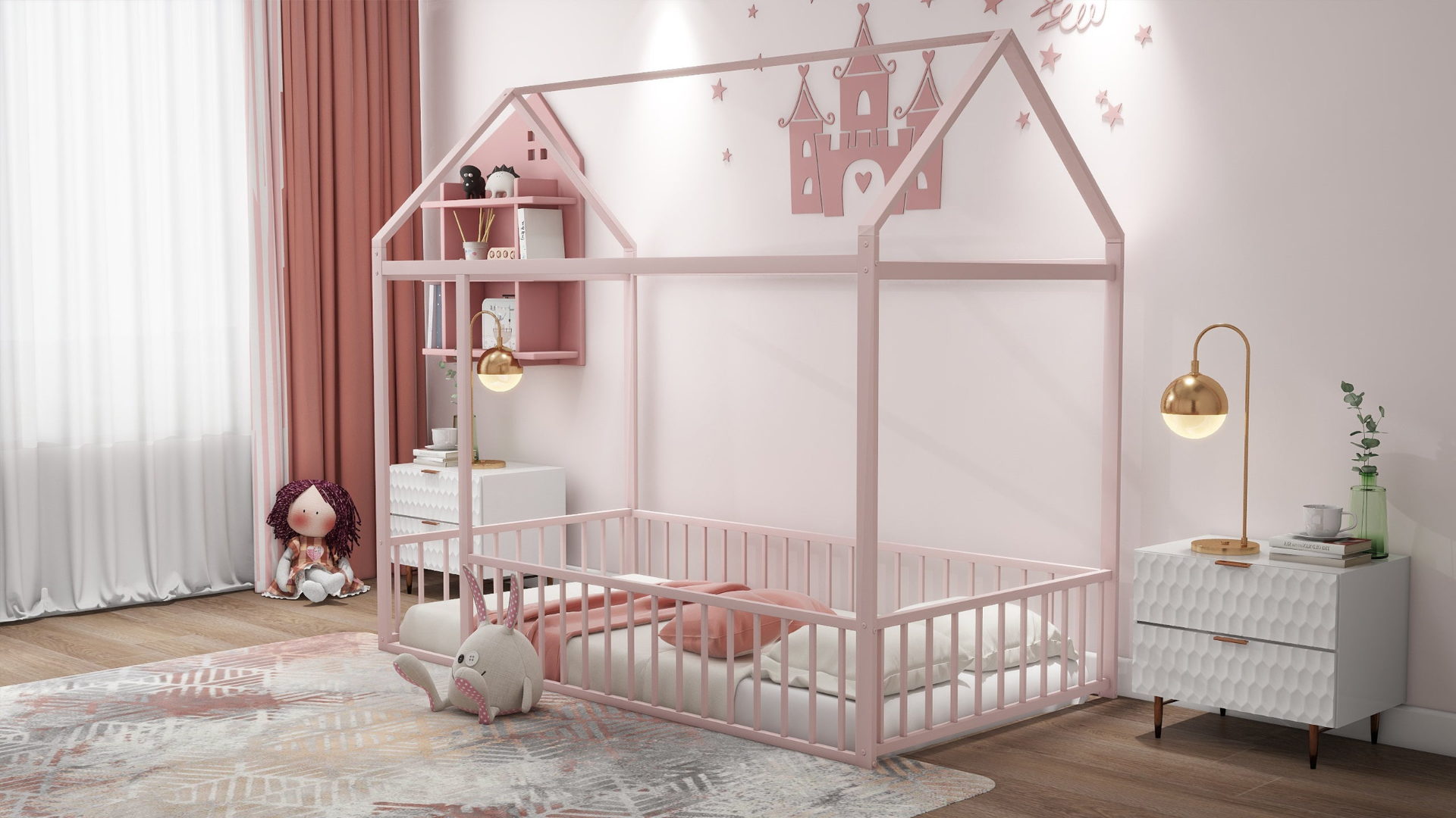 Metal House Bed Frame with Fence, Sturdy Design for Kids, Teens, Girls, Boys
