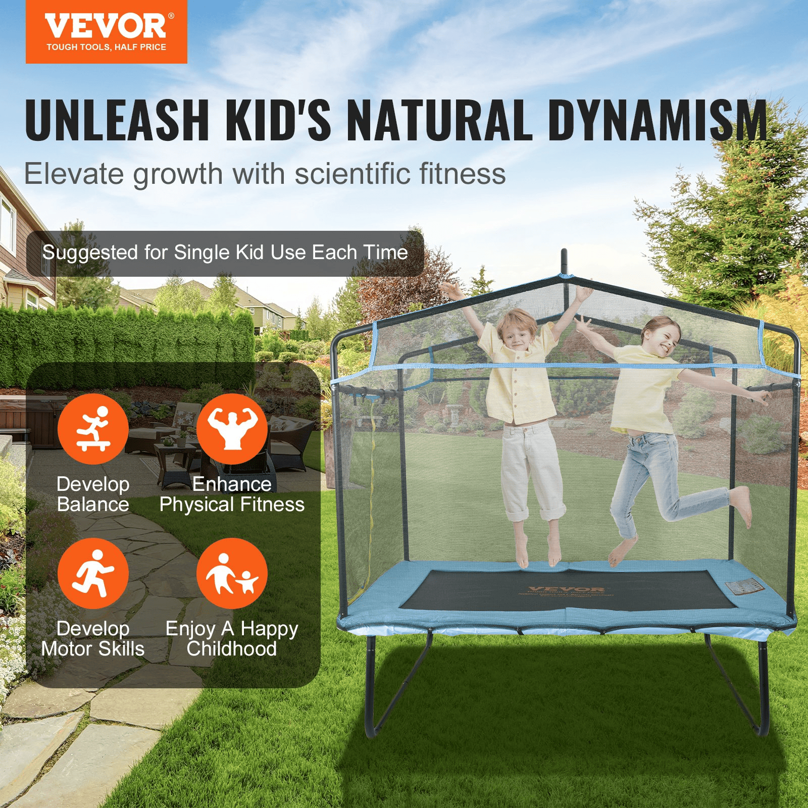 VEVOR 6FT Trampoline for Kids, 72" Indoor/Outdoor Toddlers Trampoline, Mini Baby Trampoline with Safety Enclosure Net, Gymnastics Bar, Hammock, Recreational Trampoline Birthday Gift for 3+ Years Kids - The Little Big Store