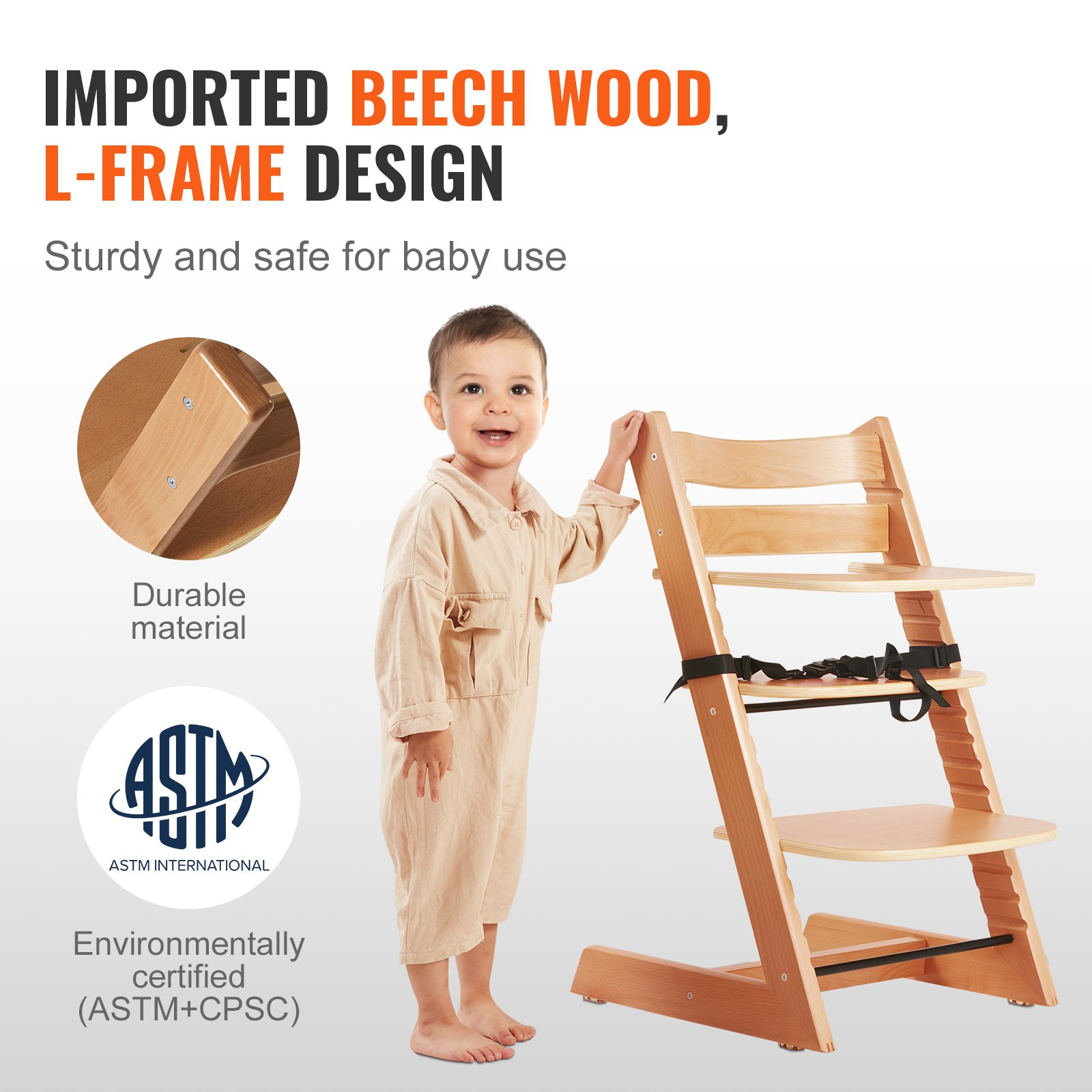Convertible Wooden High Chair for Babies & Toddlers – Adjustable Feeding Chair with Tray, Grows with Your Child, Beech Wood, Natural Finish