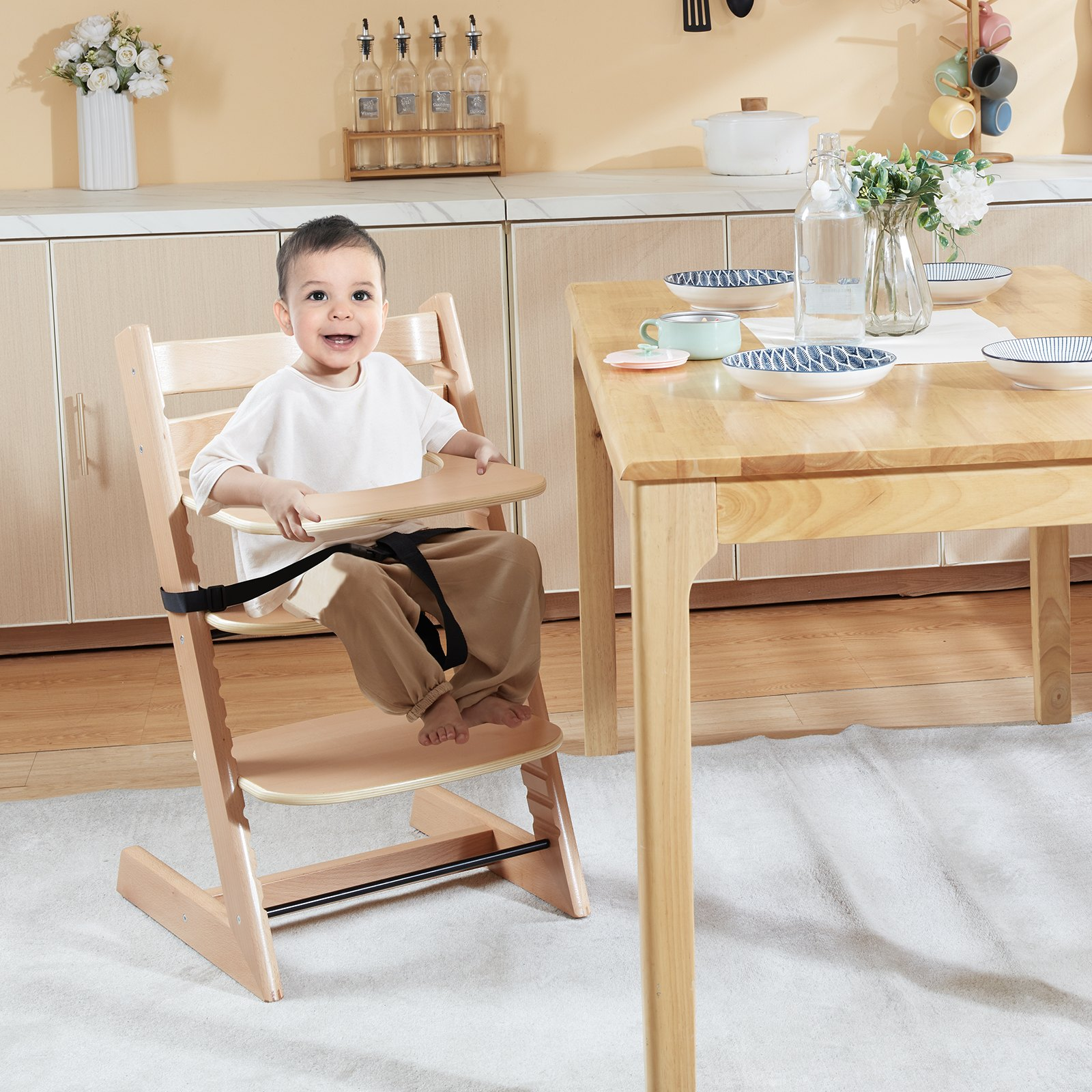Convertible Wooden High Chair for Babies & Toddlers – Adjustable Feeding Chair with Tray, Grows with Your Child, Beech Wood, Natural Finish
