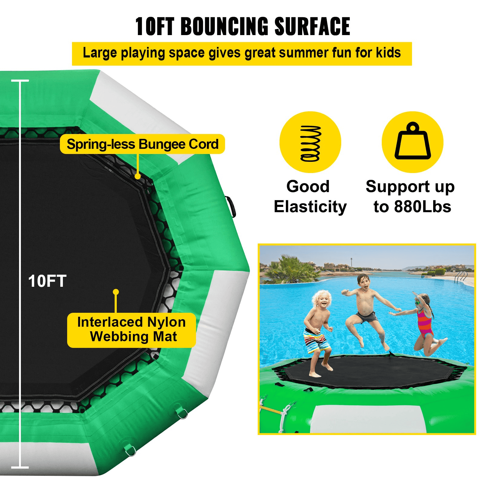 VEVOR Inflatable Water Trampoline 10FT , Round Inflatable Water Bouncer with 4-Step Ladder, Water Trampoline in Green and White for Water Sports. - The Little Big Store