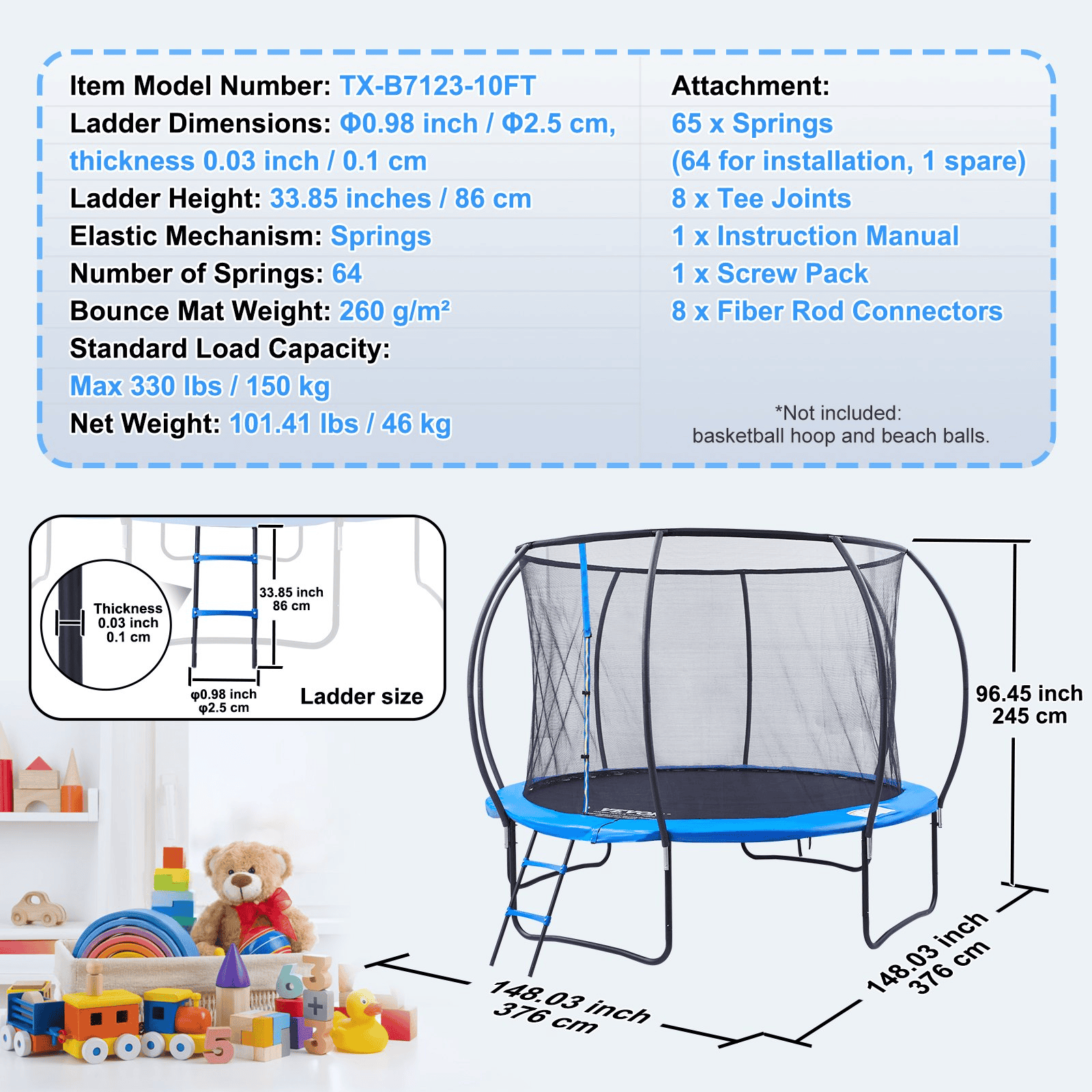 VEVOR 10FT Trampoline, 330 lbs Trampoline with Enclosure Net, Ladder, and Curved Pole, Heavy Duty Trampoline with Jumping Mat and Spring Cover Padding, Outdoor Recreational Trampolines for Kids Adults - The Little Big Store