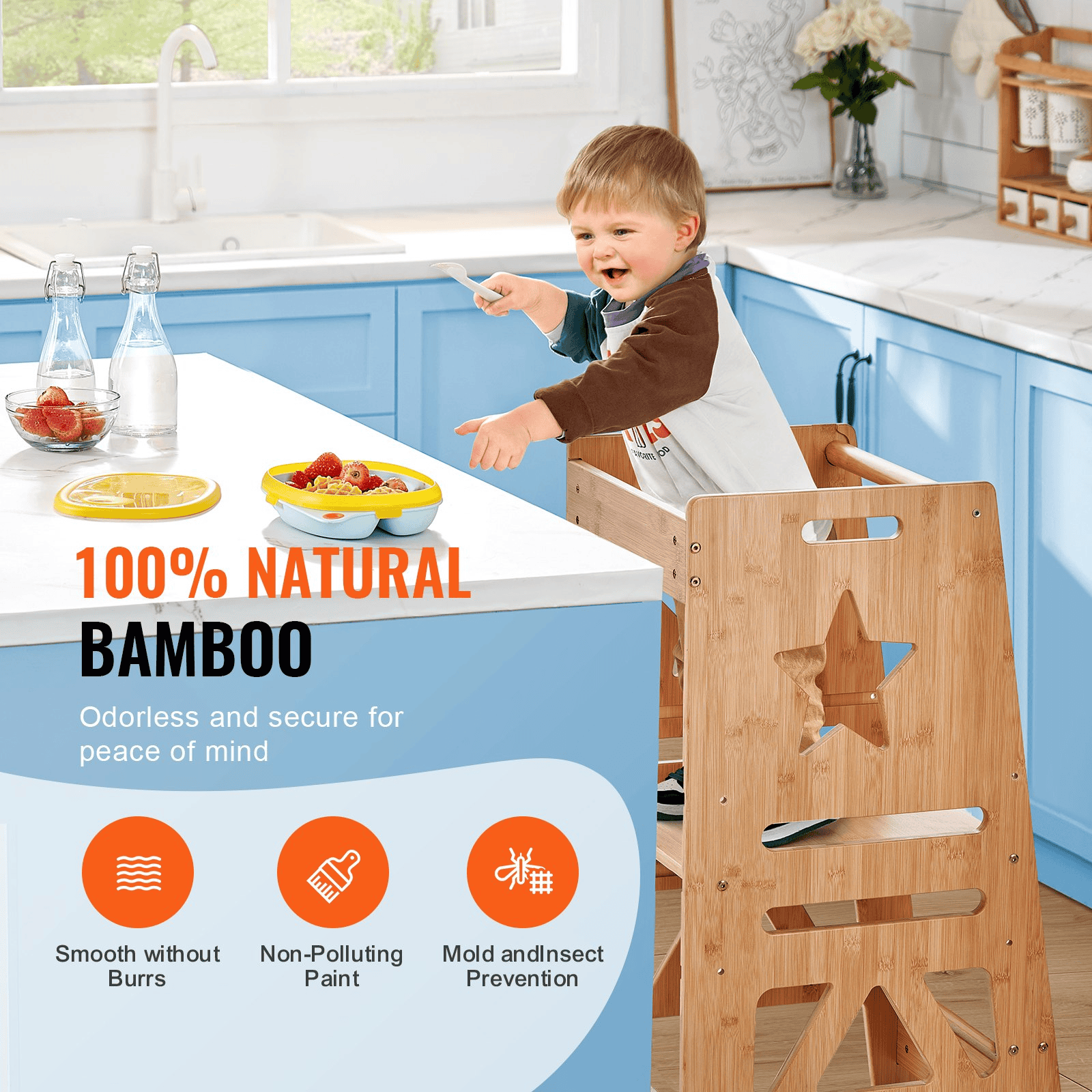VEVOR Tower Step Stool, 3-Level Height Adjustable Toddler Step Stools for Kids, Kitchen Stool Helper, Bamboo Kids Standing Tower Learning Stool with Safety Rail for Kitchen Counter Bathroom, 350LBS - The Little Big Store