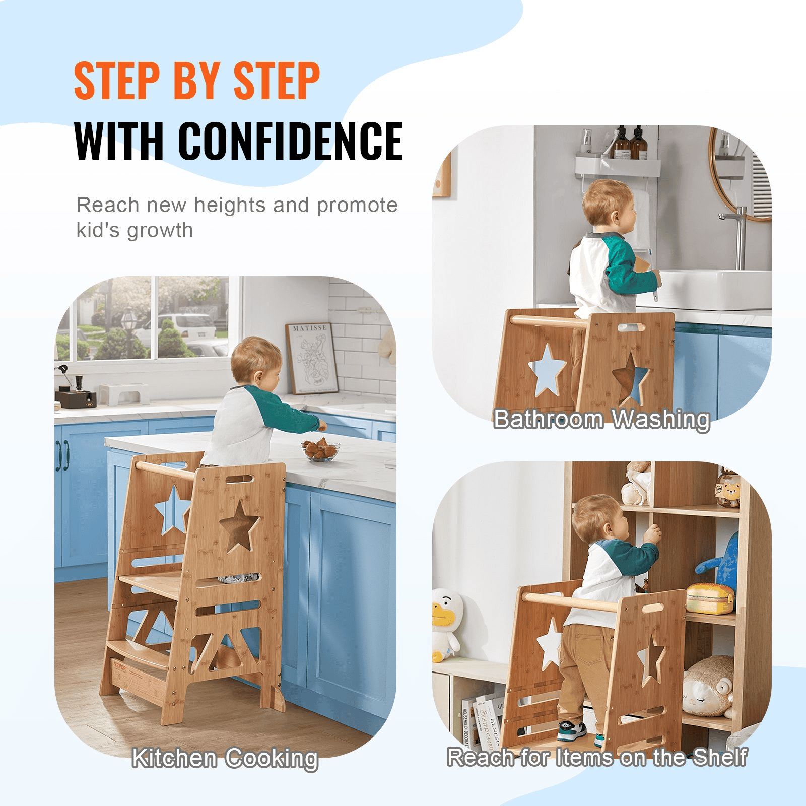 VEVOR Tower Step Stool, 3-Level Height Adjustable Toddler Step Stools for Kids, Kitchen Stool Helper, Bamboo Kids Standing Tower Learning Stool with Safety Rail for Kitchen Counter Bathroom, 350LBS - The Little Big Store