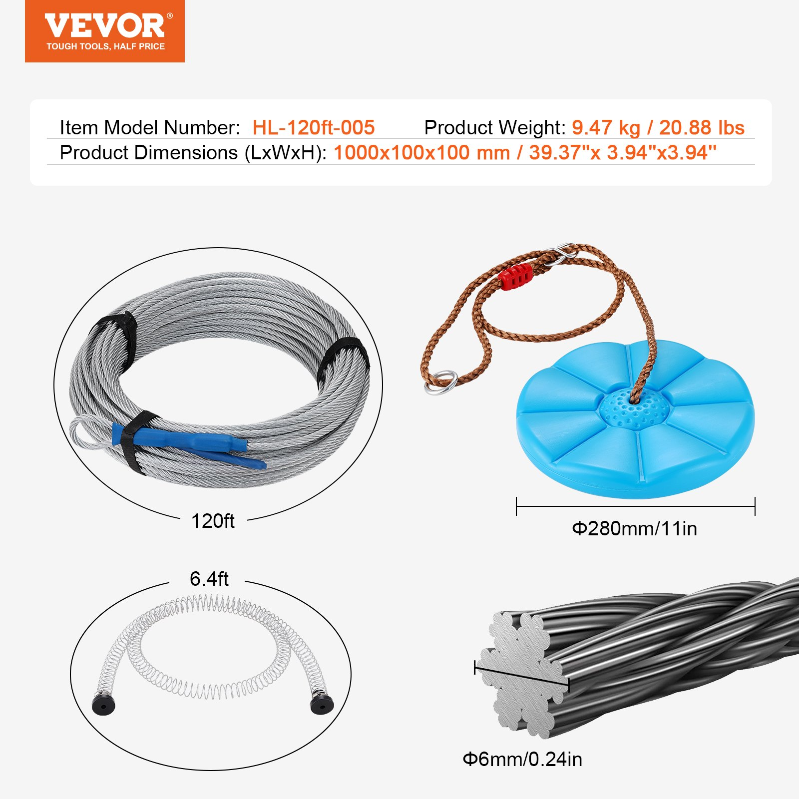 120 ft Backyard Zipline Kit for Kids & Adults – Stainless Steel Zip Line with Spring Brake, Safety Harness & Seat, Up to 500 lbs
